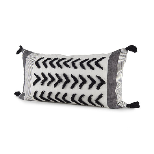 Kimia 14x26 White/Black Fabric Herringbone w/Fringed Pillow Cover