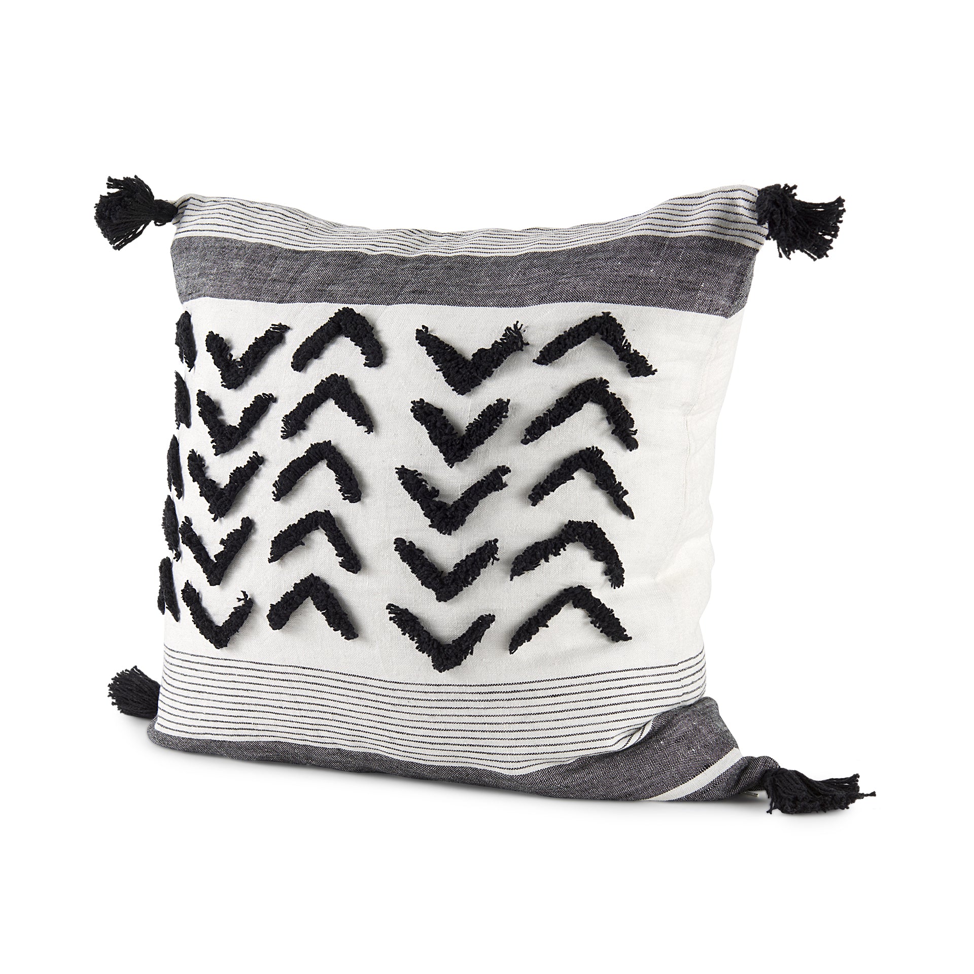 Kimia 20x20 White/Black Fabric Herringbone w/Fringed Pillow Cover