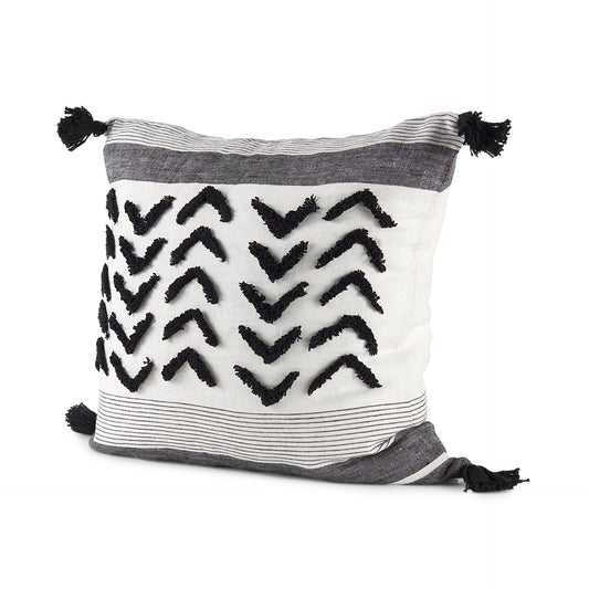 Kimia 20x20 White/Black Fabric Herringbone w/Fringed Pillow Cover