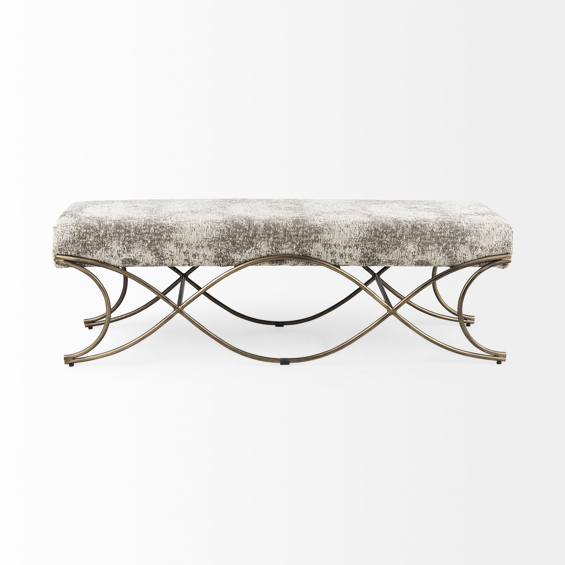 Ayla 55L x 17.6W x 18H Light and Dark Gray Fabric Seat W/ Antique Gold Metal Frame Bench