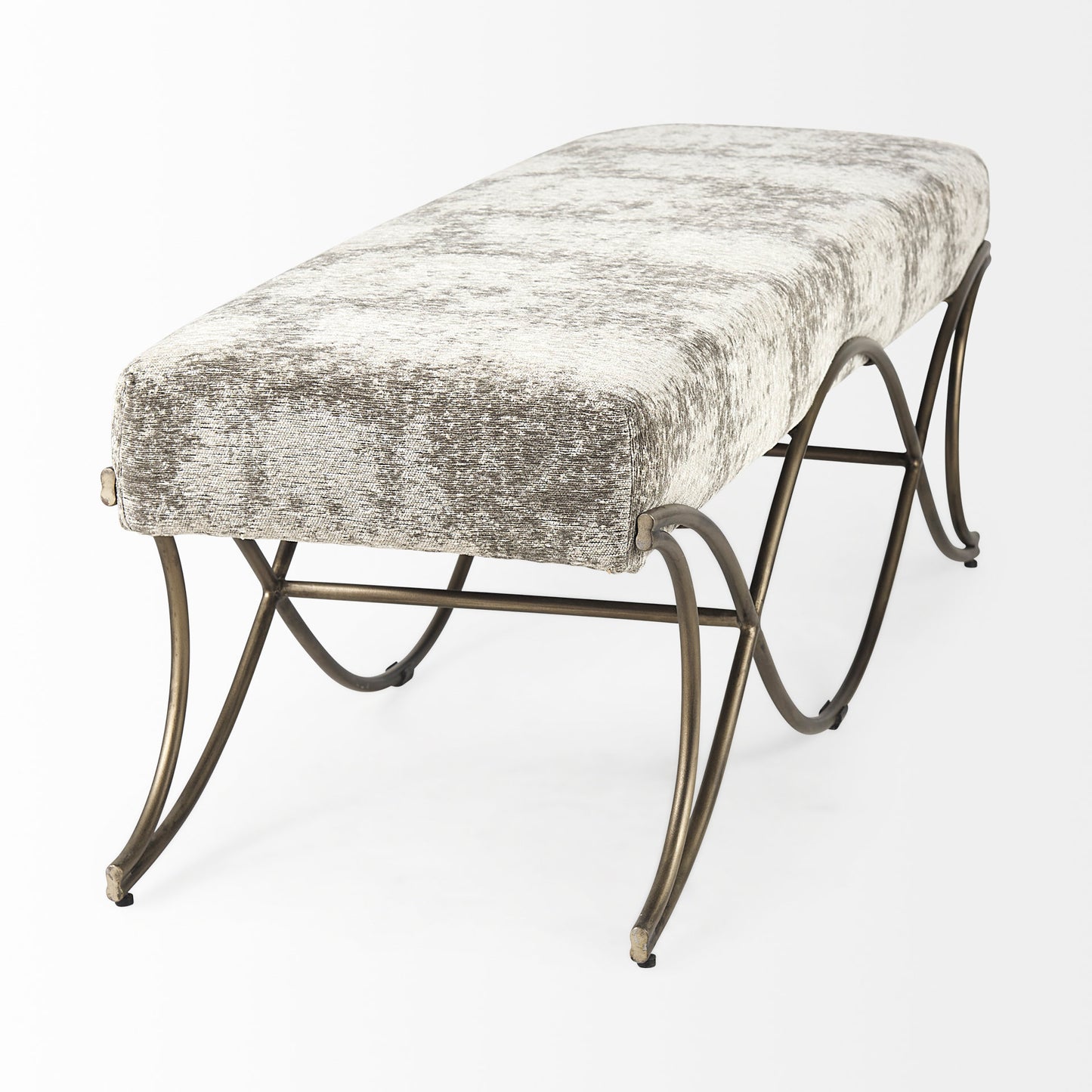Ayla 55L x 17.6W x 18H Light and Dark Gray Fabric Seat W/ Antique Gold Metal Frame Bench