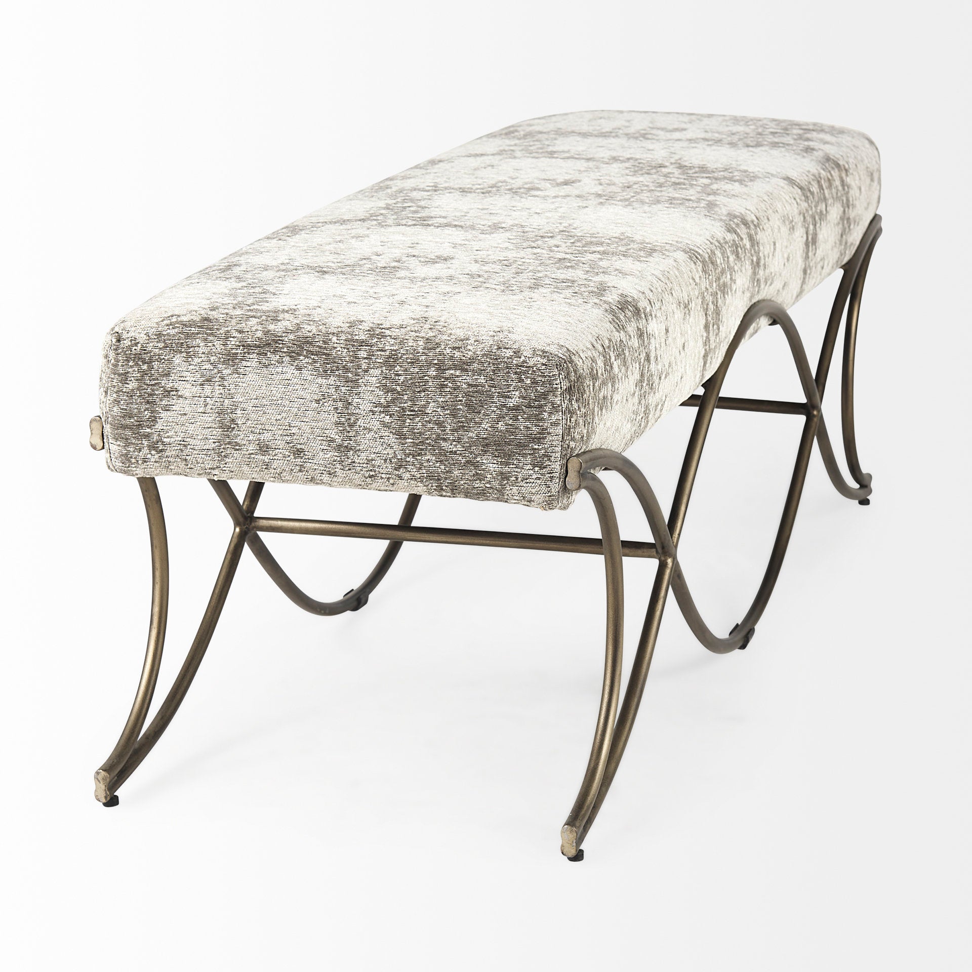 Ayla 55L x 17.6W x 18H Light and Dark Gray Fabric Seat W/ Antique Gold Metal Frame Bench