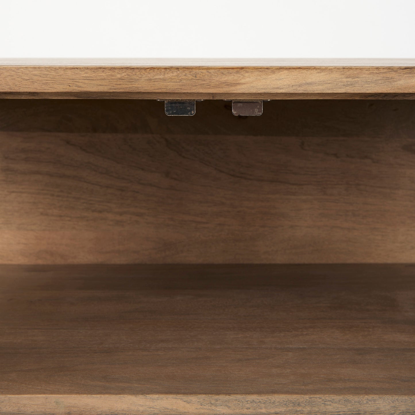 Arelius 36L x 18W x 32H Light Brown Wood, Black Metal Base w/ 2 Glass Doors Accent Cabinet