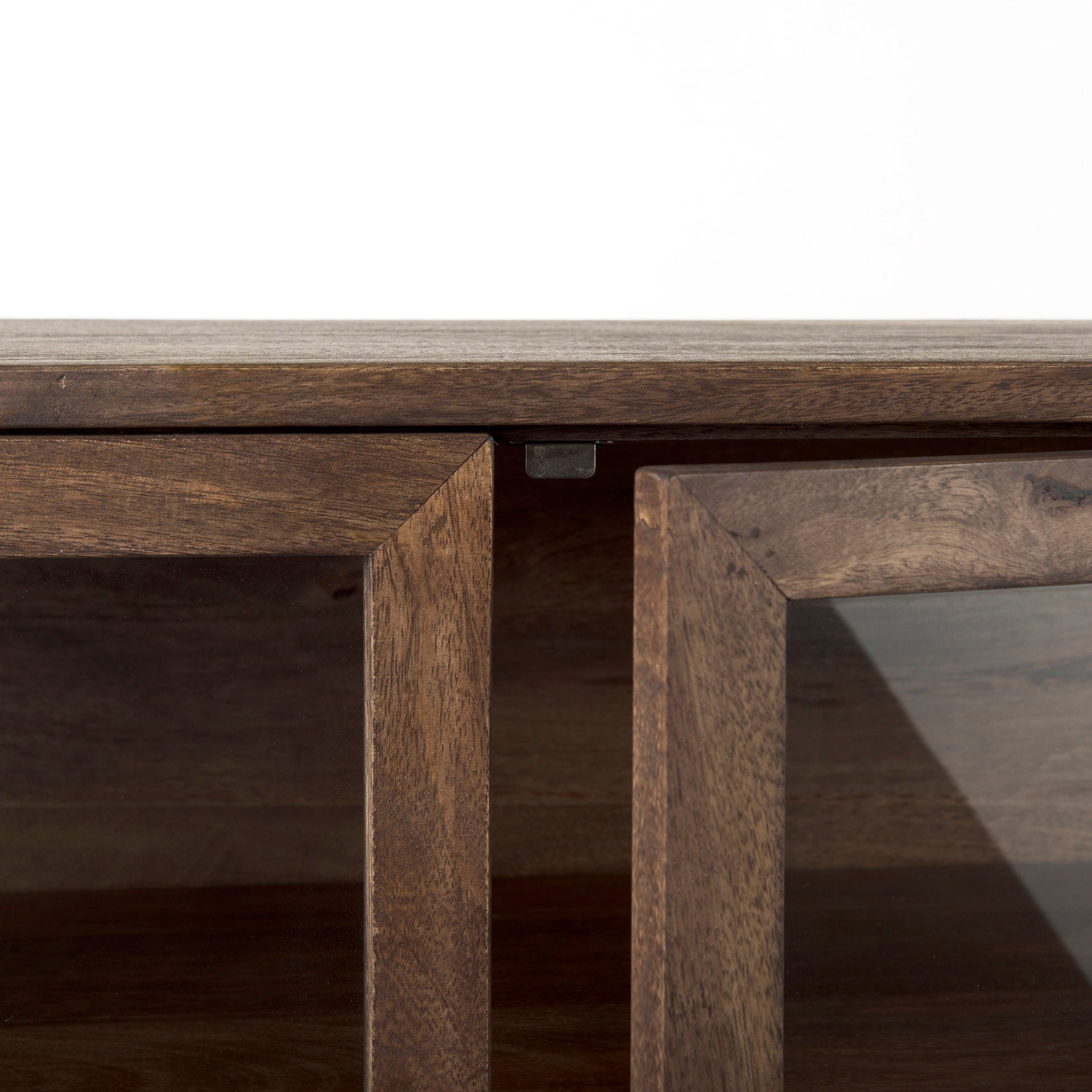 Arelius 36L x 18W x 32H Medium Brown Wood, Black Metal Base w/ 2 Glass Doors Accent Cabinet