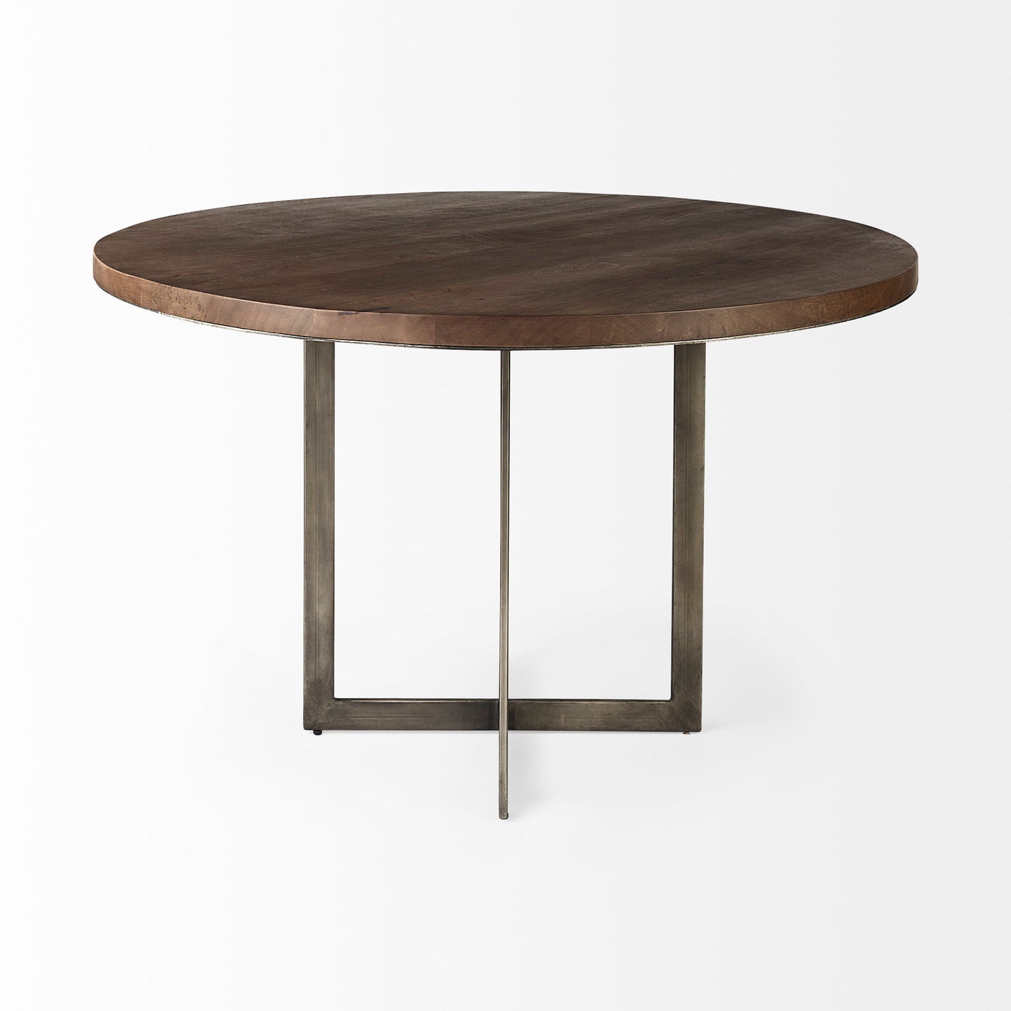 Faye I 48L x 48W x 30H Medium Brown Wood W/Antique Nickel Metal Base Round Dining Table