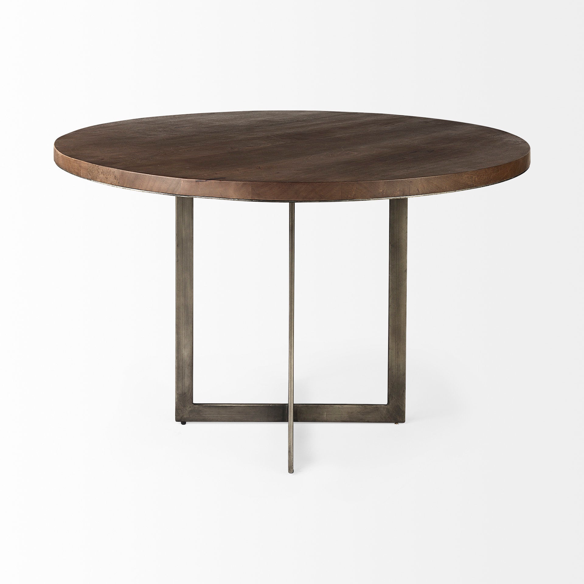 Faye I 48L x 48W x 30H Medium Brown Wood W/Antique Nickel Metal Base Round Dining Table