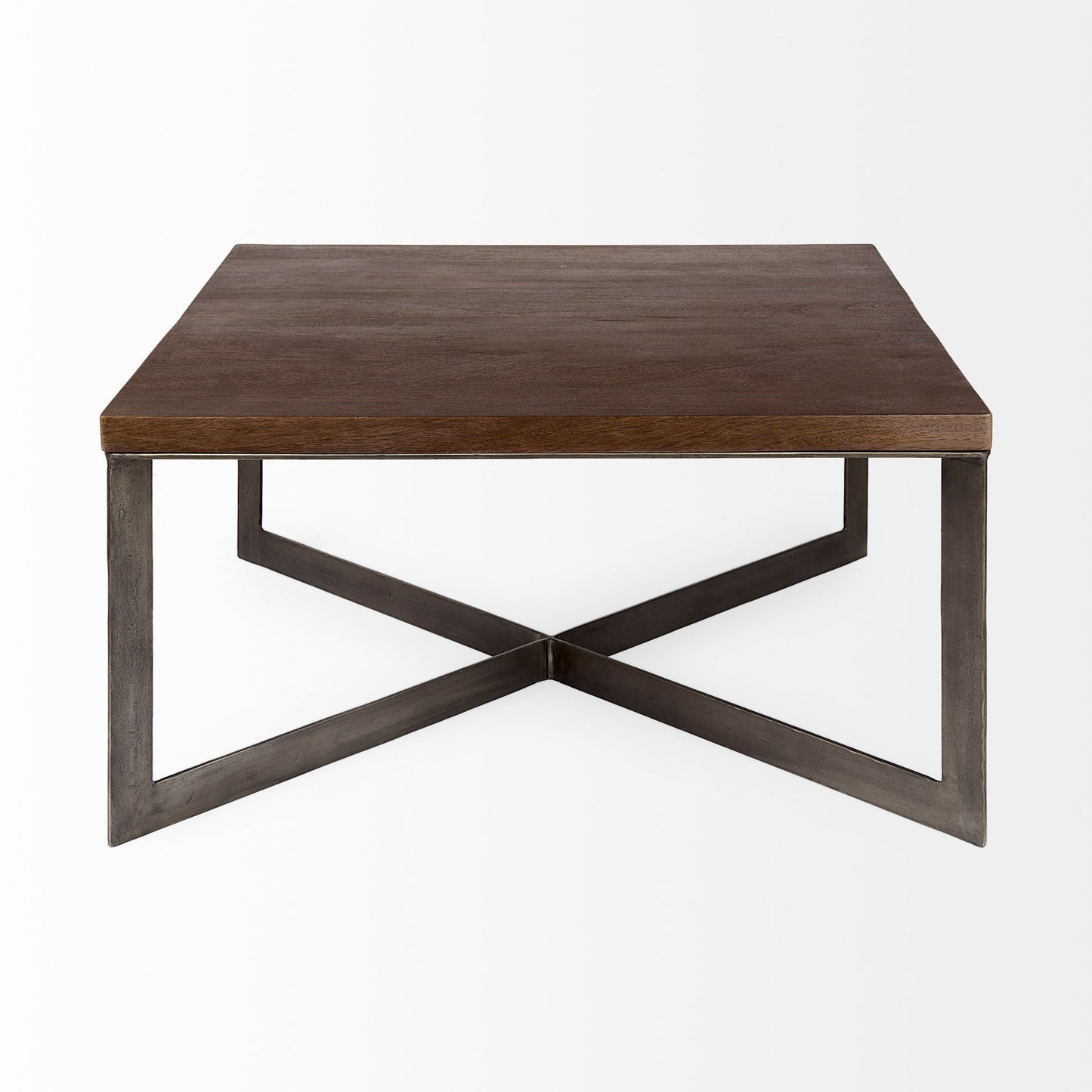 Faye 34L x 34W x 17H Medium Brown Wood W/Antique Nickel Metal Base Square Coffee Table