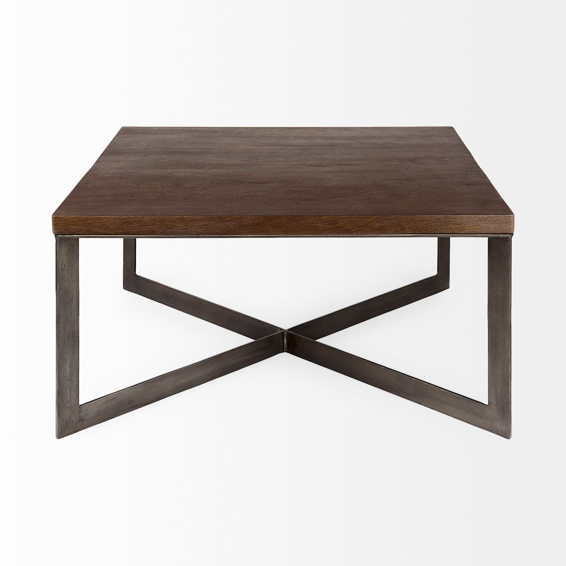 Faye 34L x 34W x 17H Medium Brown Wood W/Antique Nickel Metal Base Square Coffee Table