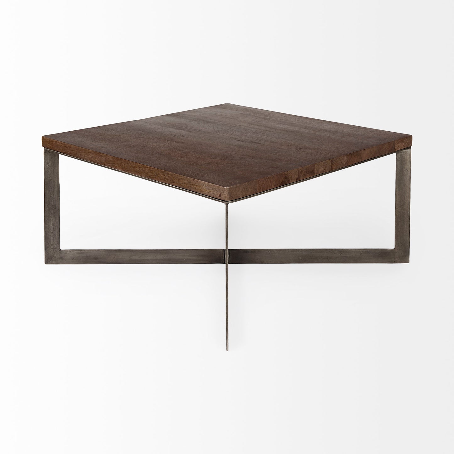 Faye 34L x 34W x 17H Medium Brown Wood W/Antique Nickel Metal Base Square Coffee Table