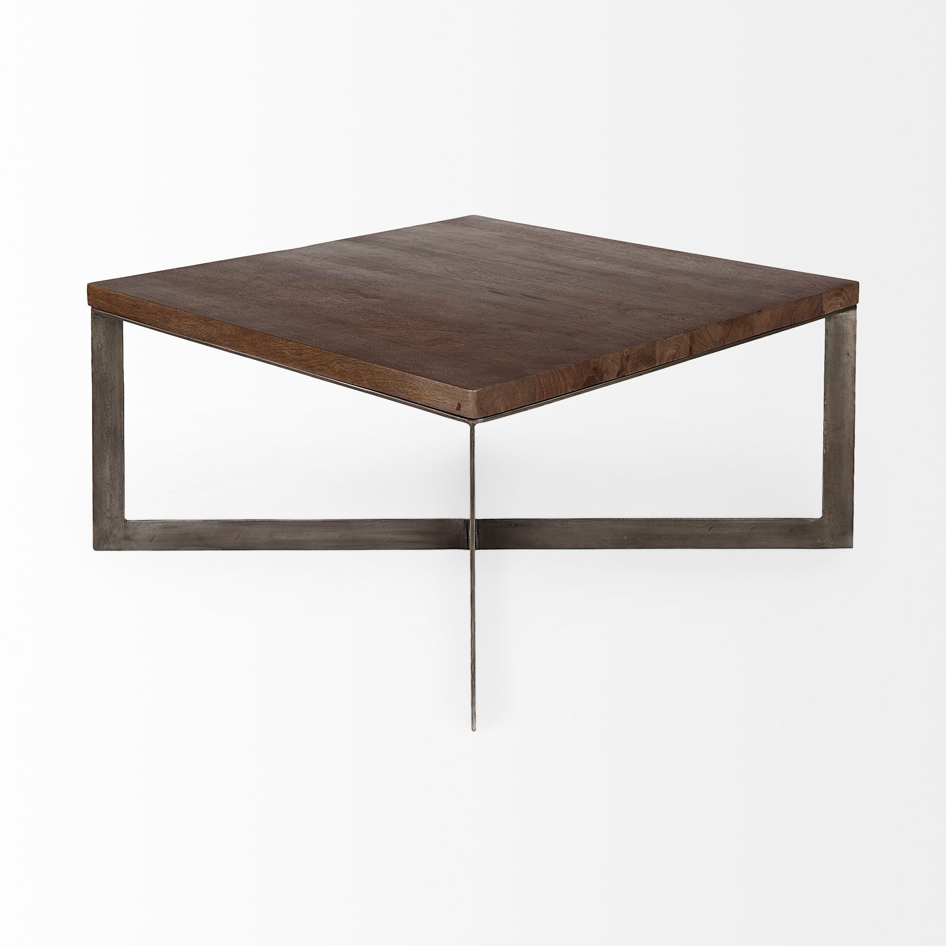Faye 34L x 34W x 17H Medium Brown Wood W/Antique Nickel Metal Base Square Coffee Table