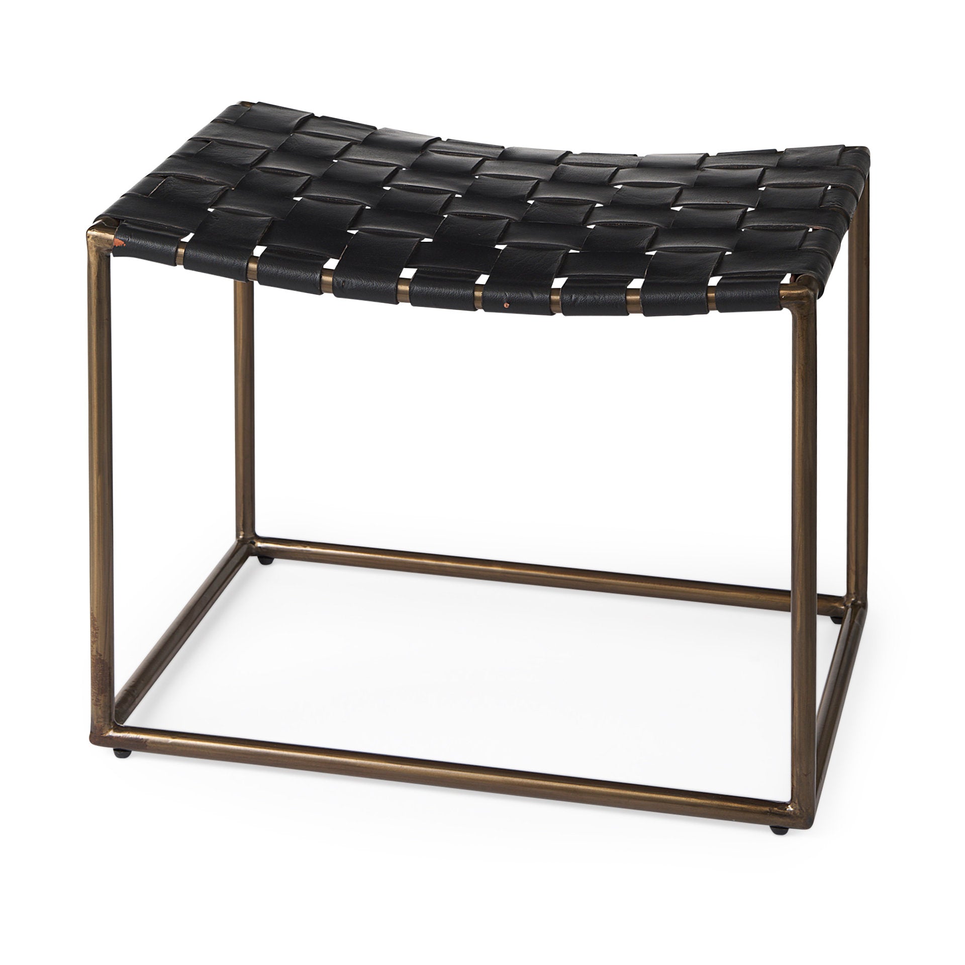 Clarissa 22.0L x 16.0W x 16.75H Black Leather Woven Seat W/ Gold Metal Frame Stool