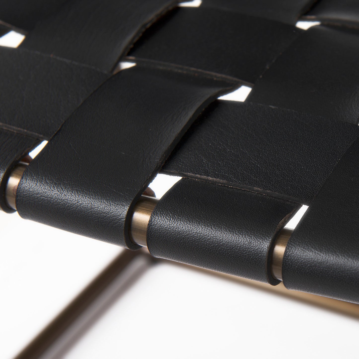 Clarissa 22.0L x 16.0W x 16.75H Black Leather Woven Seat W/ Gold Metal Frame Stool