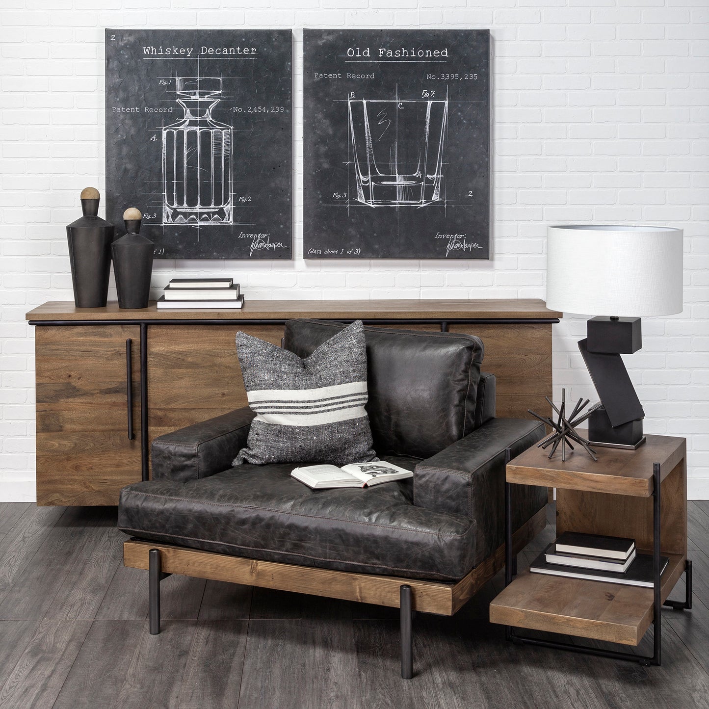 Maddox 30L x 18W x 22H Medium Brown Wood w/ Black Metal U-shaped End/Side Table
