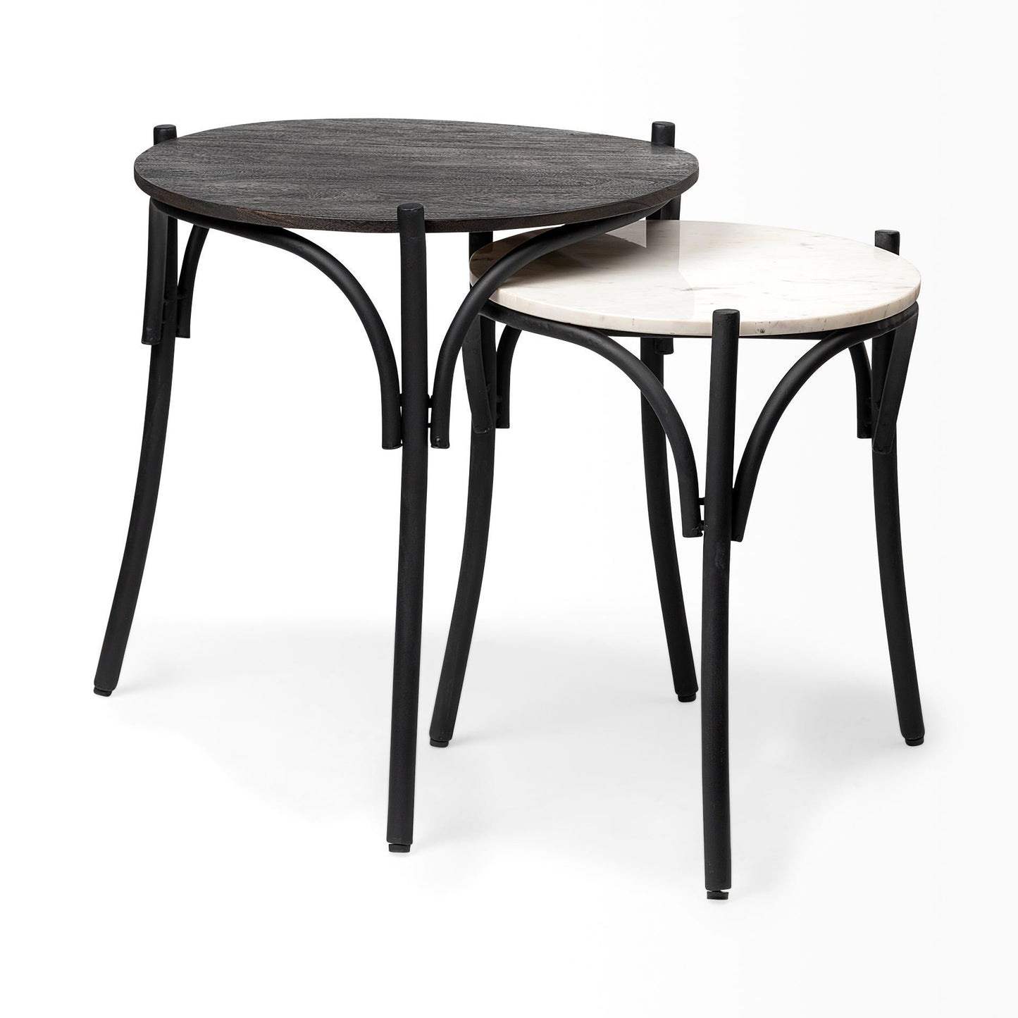 Etienne VII 24" Set of Two Round Top Black Wood and Marble Top Nesting Table