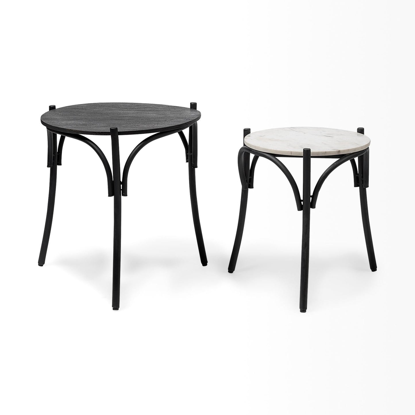 Etienne VII 24" Set of Two Round Top Black Wood and Marble Top Nesting Table