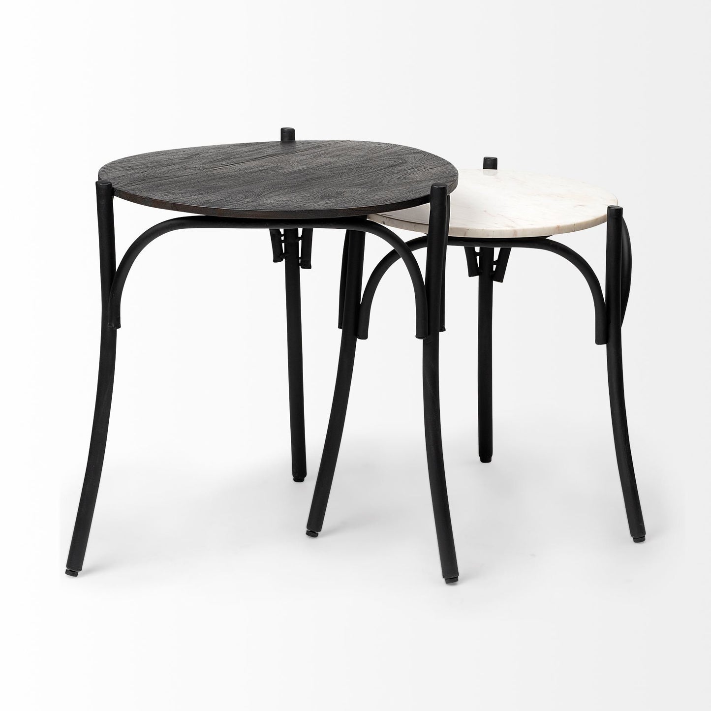 Etienne VII 24" Set of Two Round Top Black Wood and Marble Top Nesting Table
