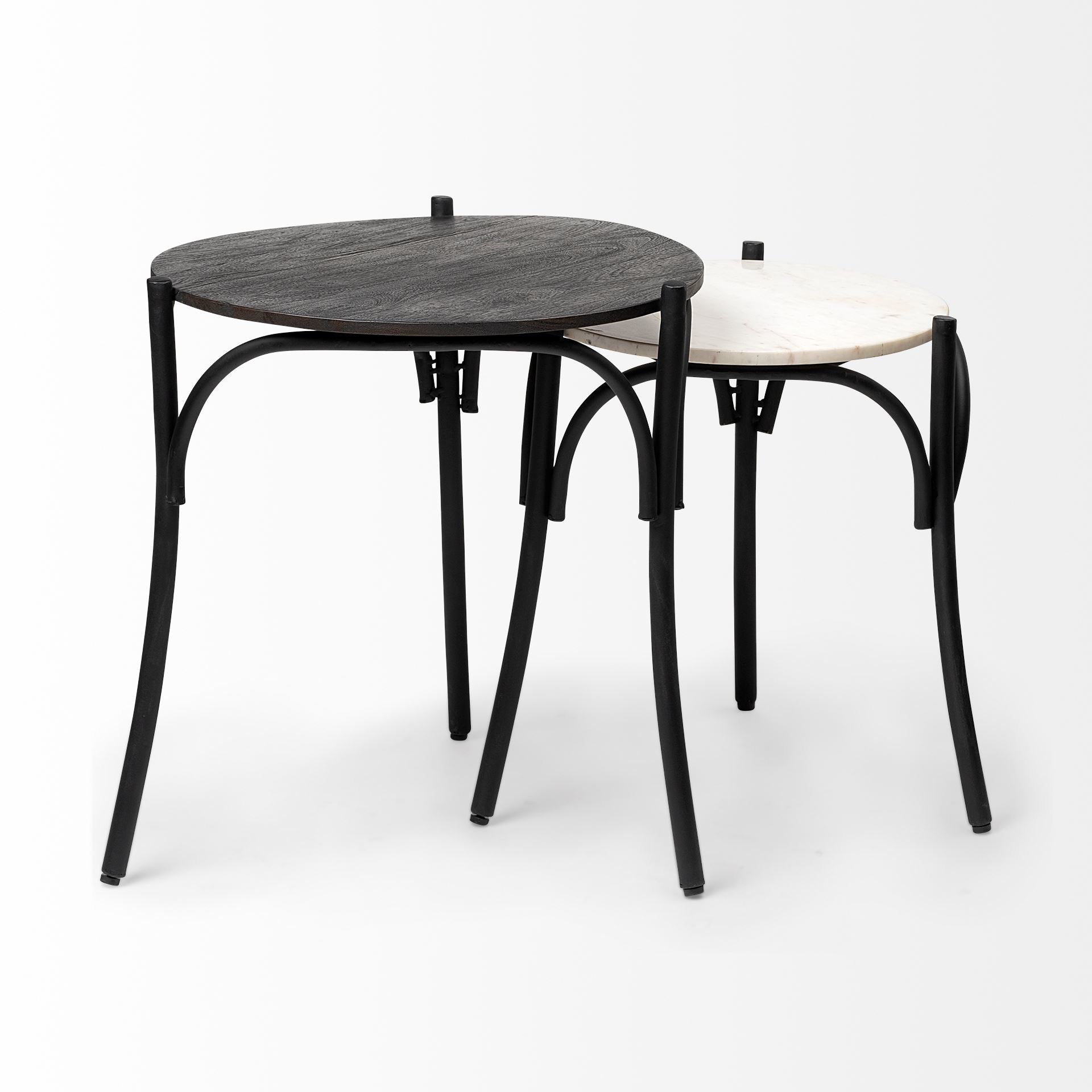 Etienne VII 24" Set of Two Round Top Black Wood and Marble Top Nesting Table