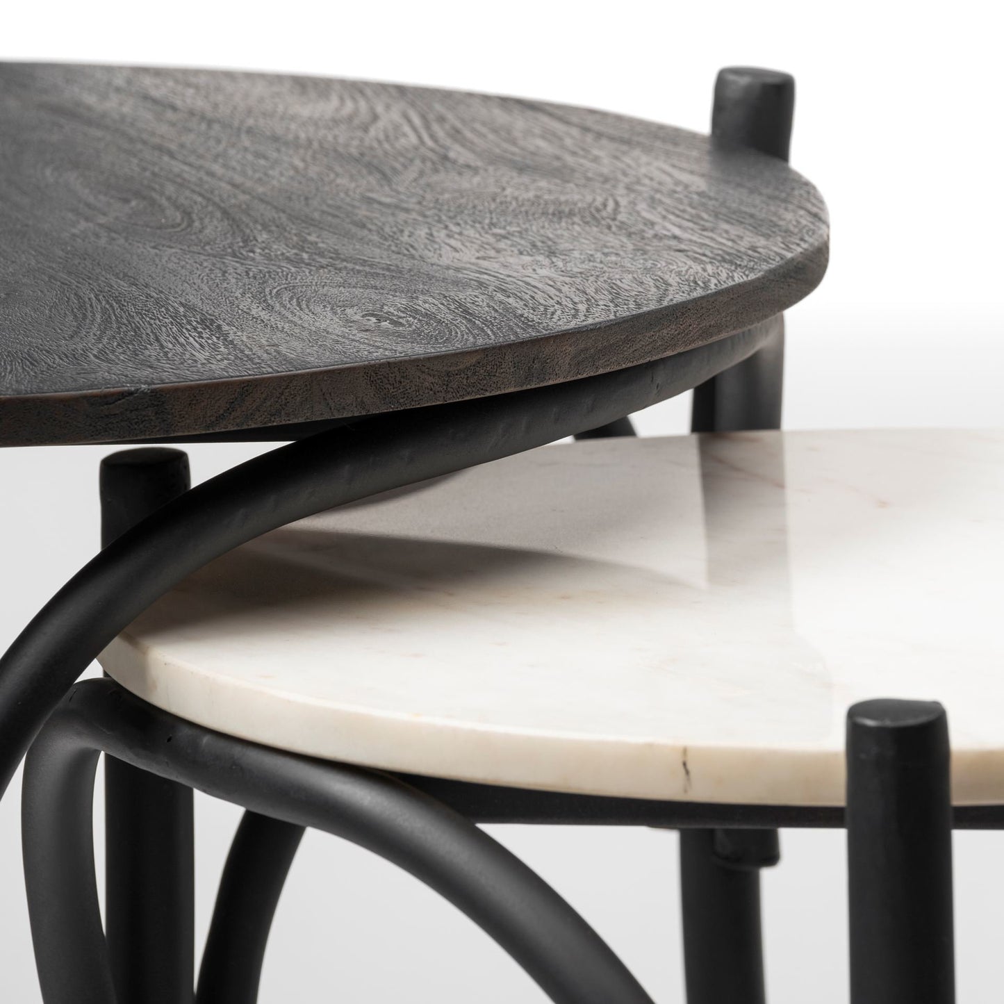 Etienne VII 24" Set of Two Round Top Black Wood and Marble Top Nesting Table