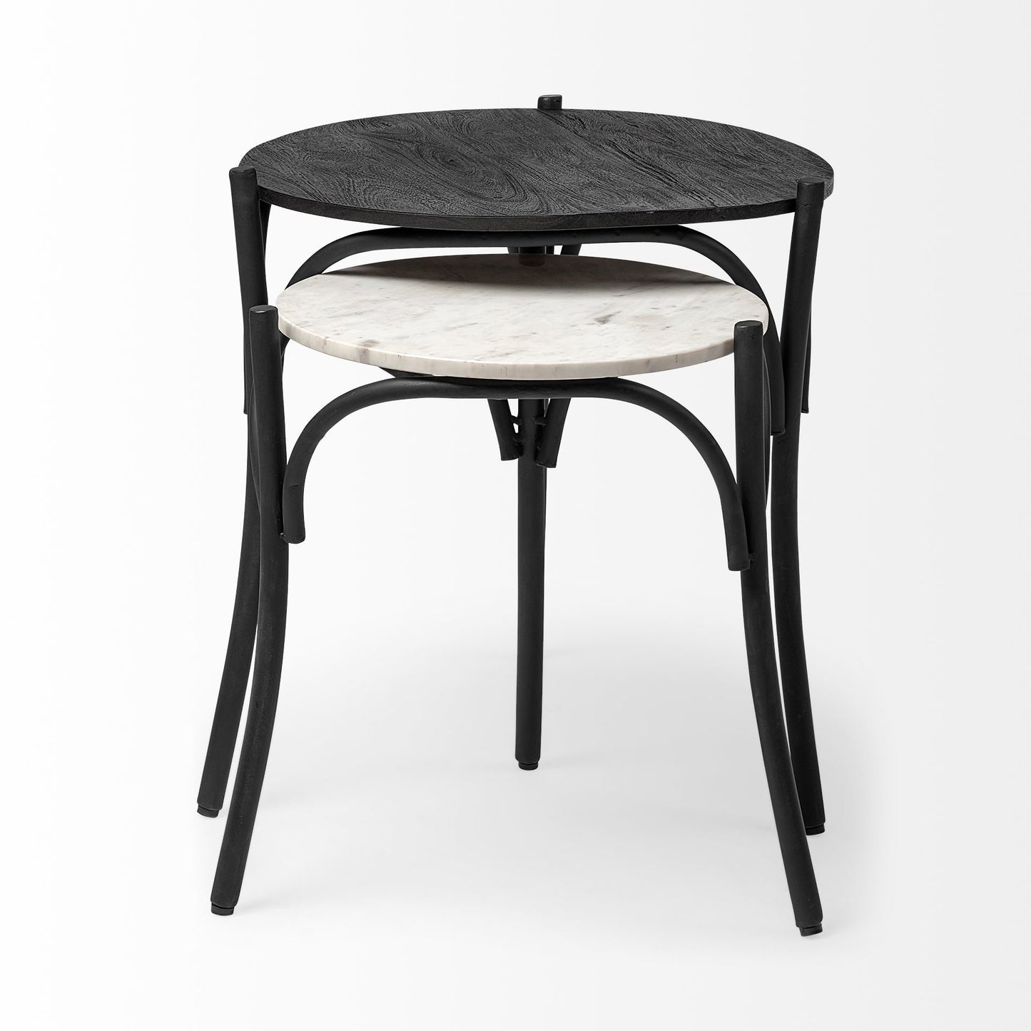 Etienne VII 24" Set of Two Round Top Black Wood and Marble Top Nesting Table