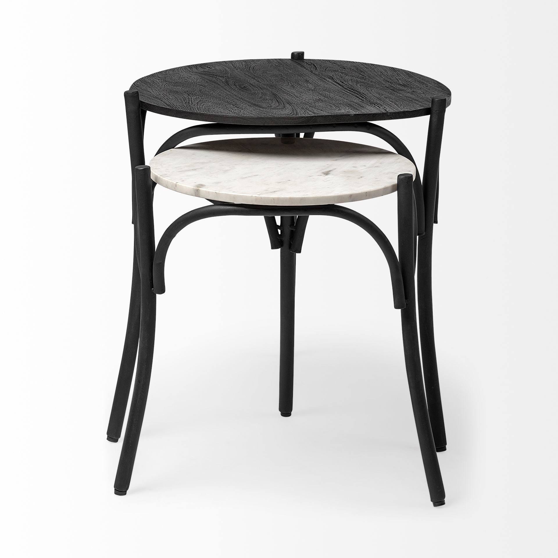 Etienne VII 24" Set of Two Round Top Black Wood and Marble Top Nesting Table