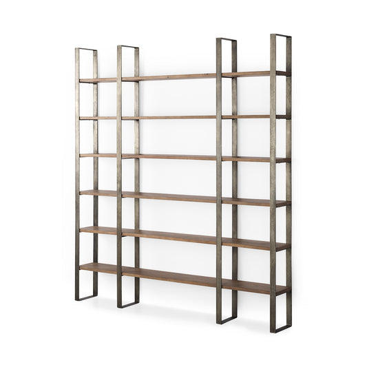 Taunton 80L x 10.5W x 90H Medium Brown Wood W/ Antique Nickel Metal Frame 6 Tier Shelving Unit