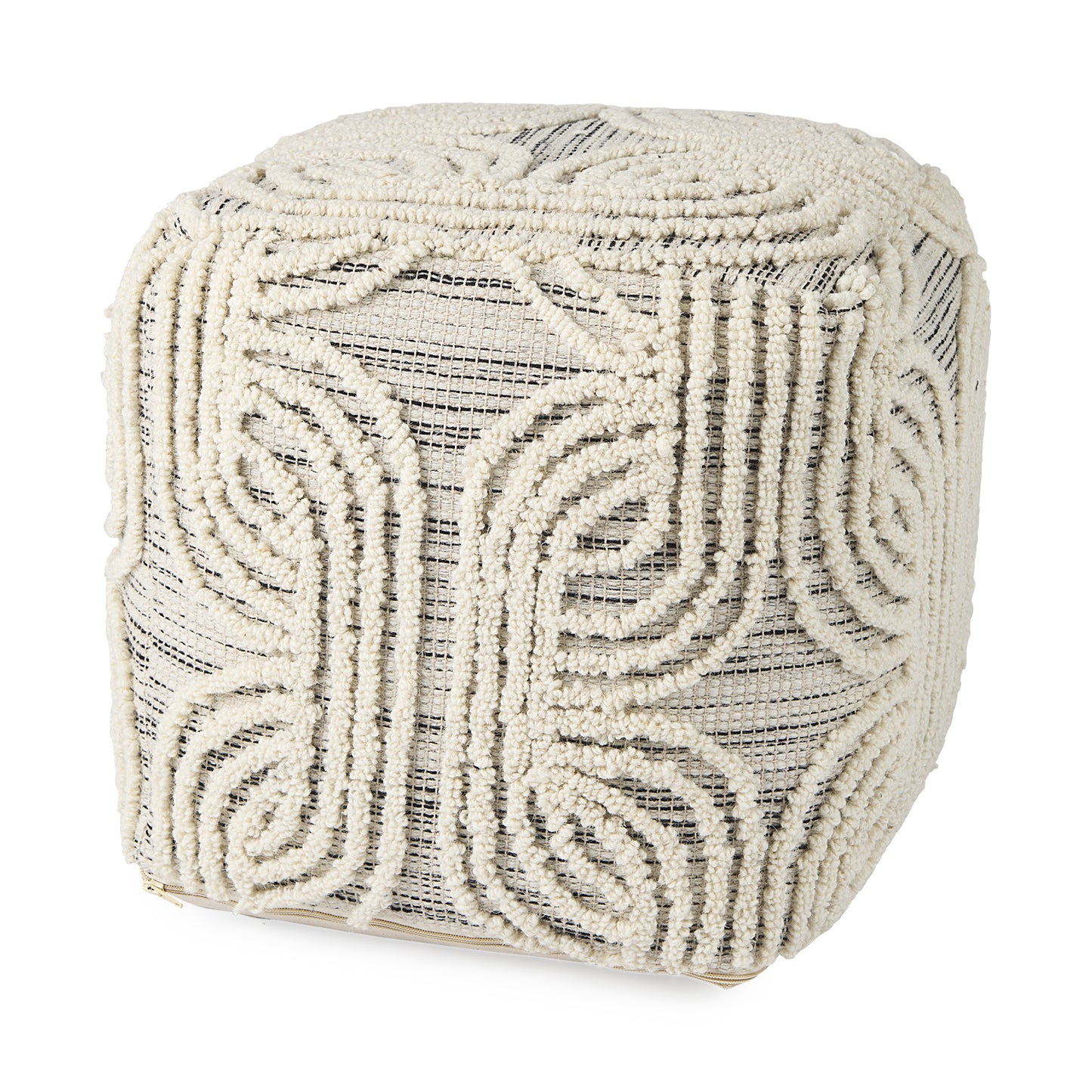 Amaya 16.0L x 16.0W x 16.0H Cream/Black/Gray Wool and Cotton Pouf