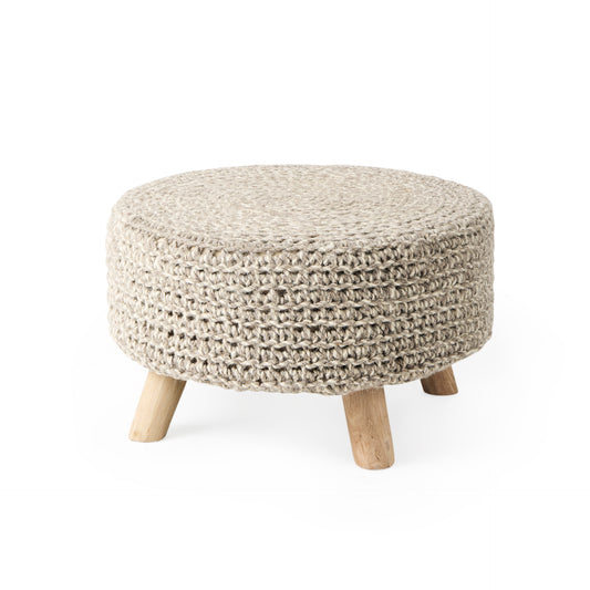 Bina Stool Taupe Wool | Brown Wood | 24L - ottoman-and-poufs