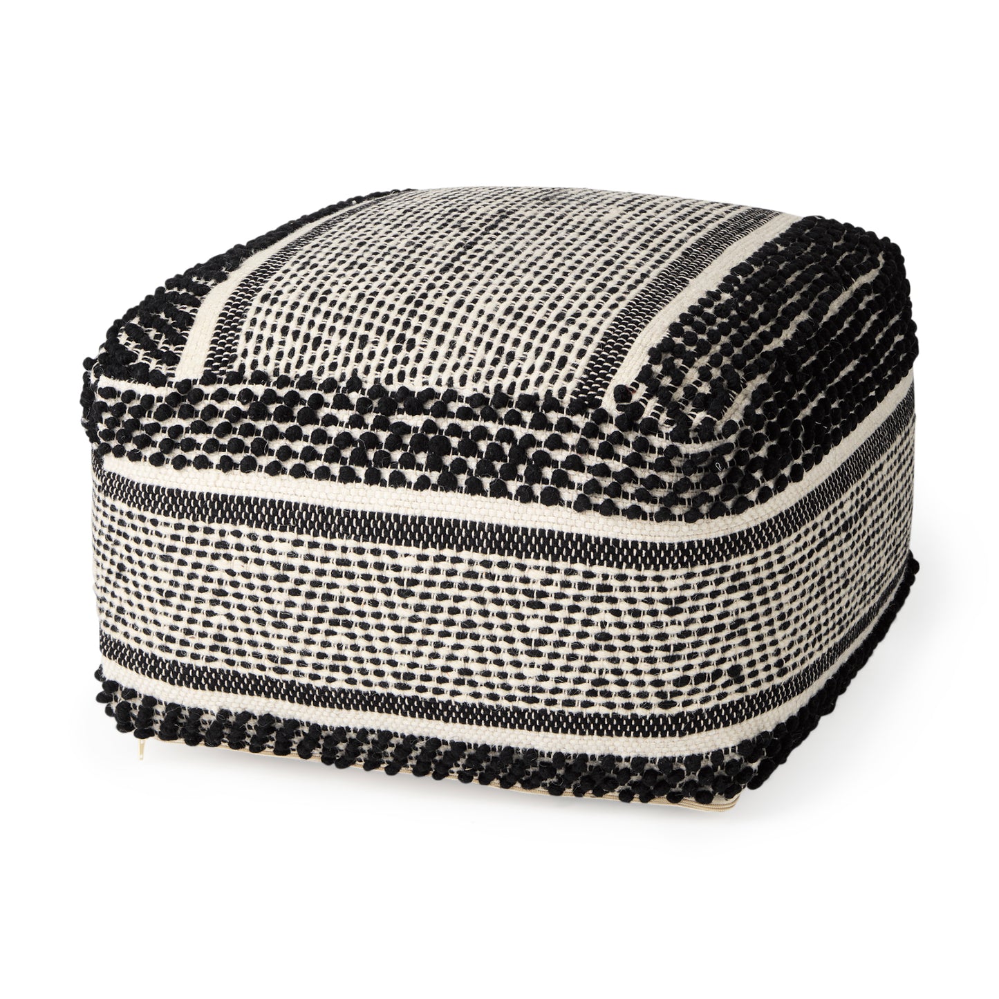 Garima  22.0L x 22.0W x 14.0H Black/White Wool and Cotton Patterned Pouf