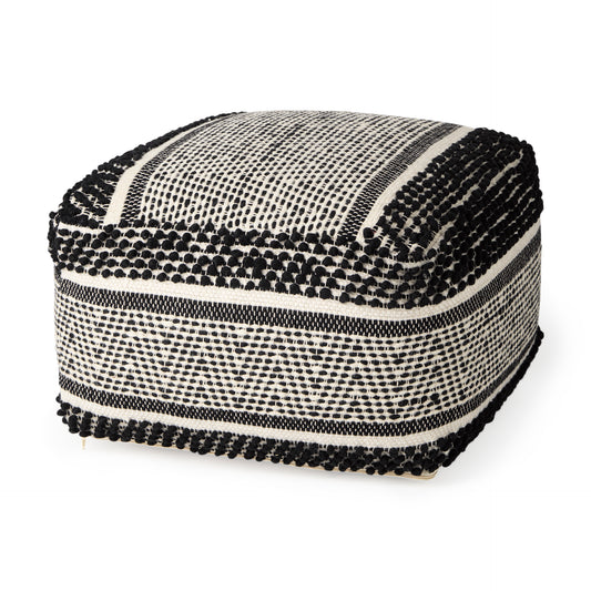 Garima  22.0L x 22.0W x 14.0H Black/White Wool and Cotton Patterned Pouf