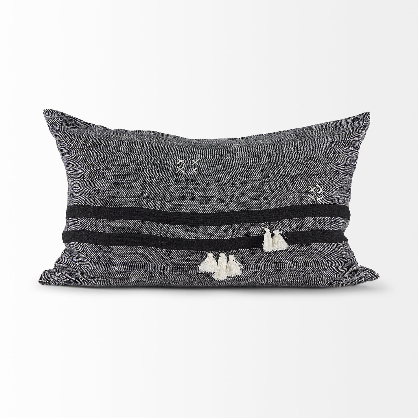 Sibyl 13x21 Black Fabric Striped and White Fringed Pillow Cover