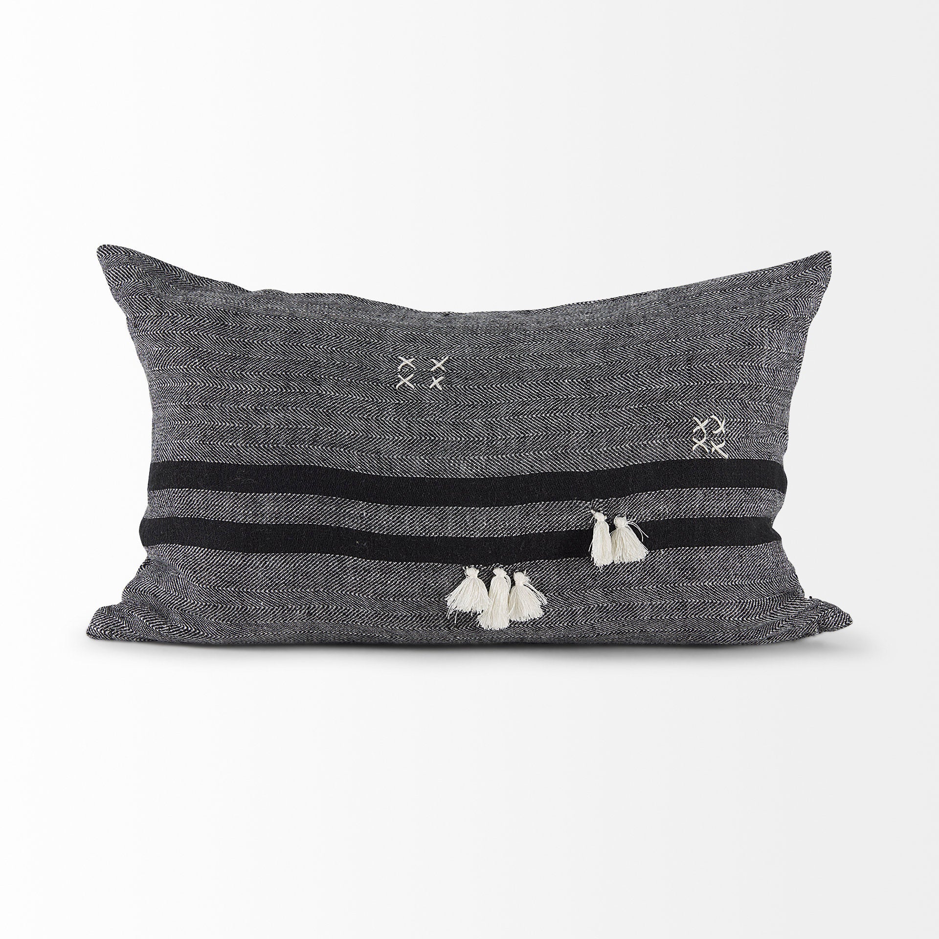 Sibyl 13x21 Black Fabric Striped and White Fringed Pillow Cover