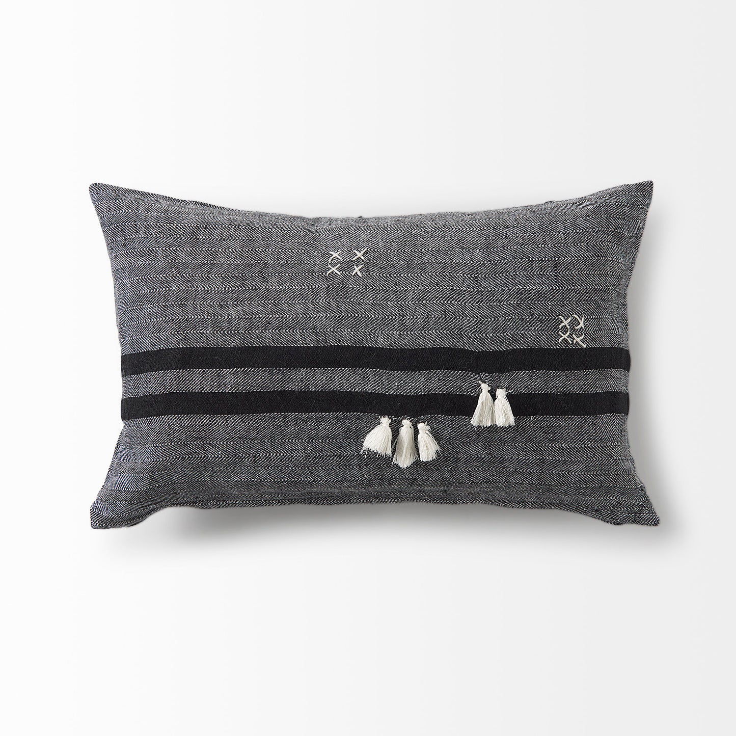 Sibyl 13x21 Black Fabric Striped and White Fringed Pillow Cover