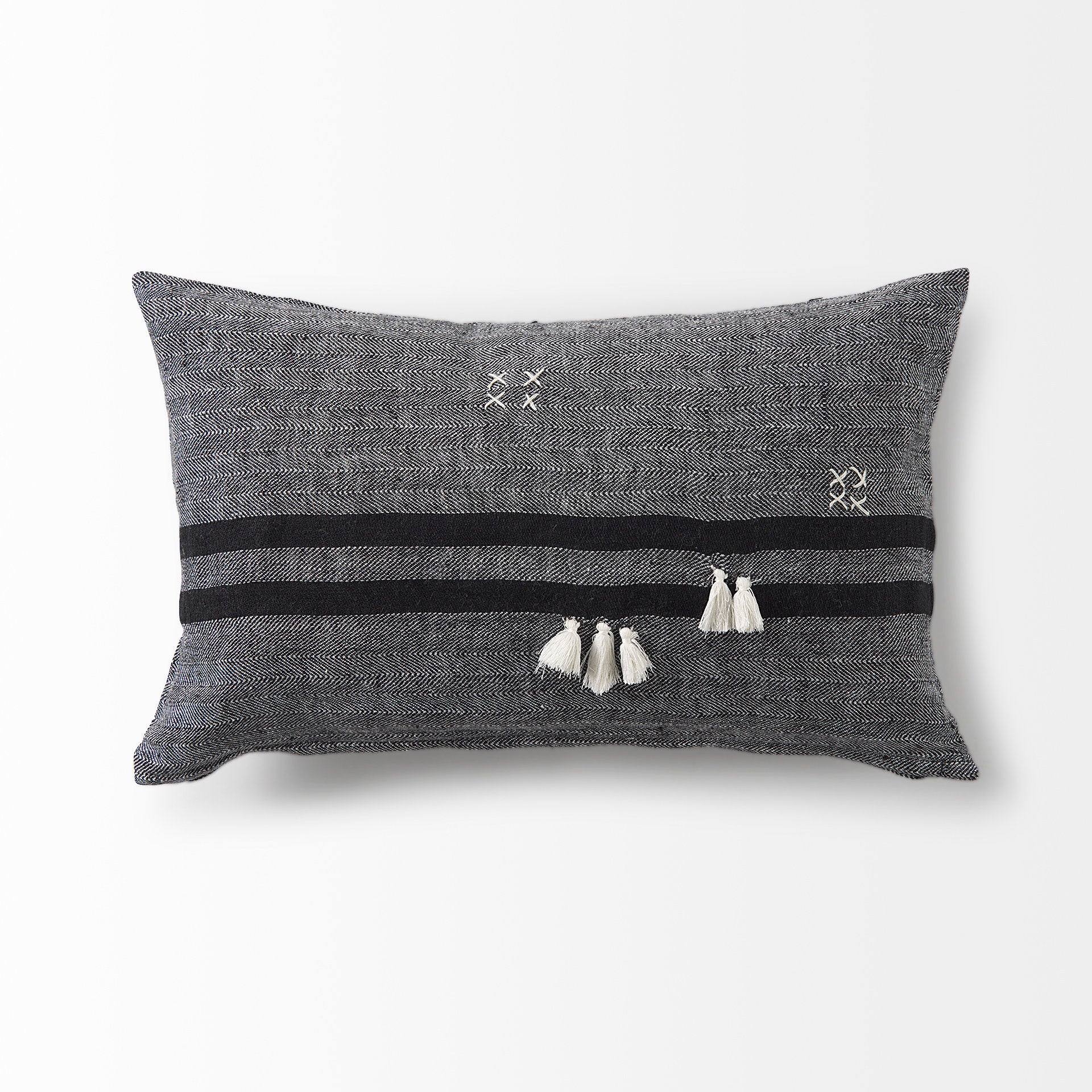 Sibyl 13x21 Black Fabric Striped and White Fringed Pillow Cover