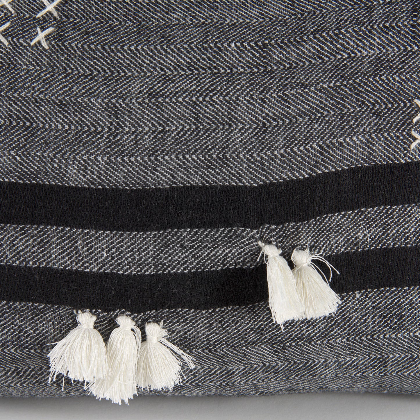 Sibyl 13x21 Black Fabric Striped and White Fringed Pillow Cover
