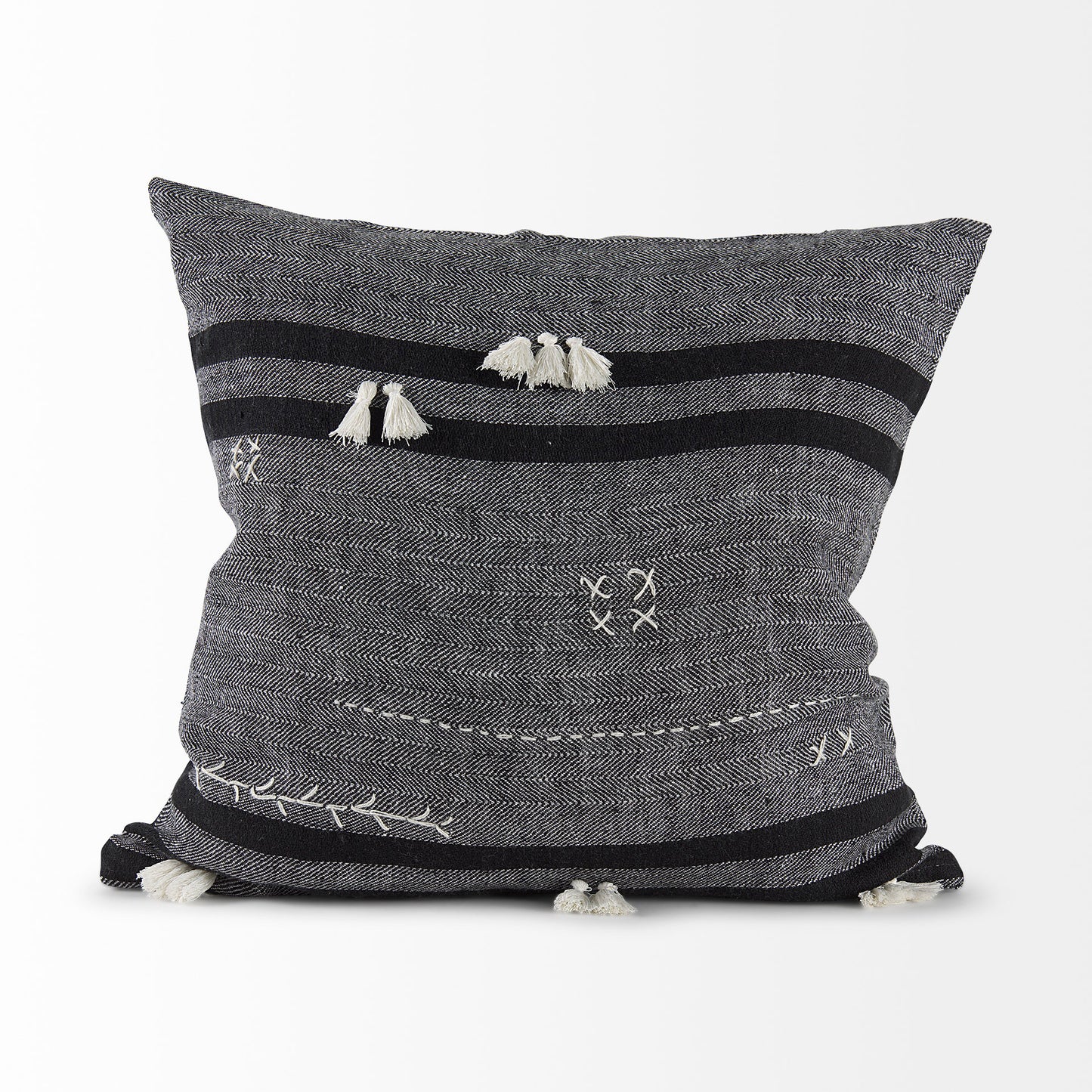 Sibyl 18L x 18W Black Fabric Striped and White Fringed Decorative Pillow Cover