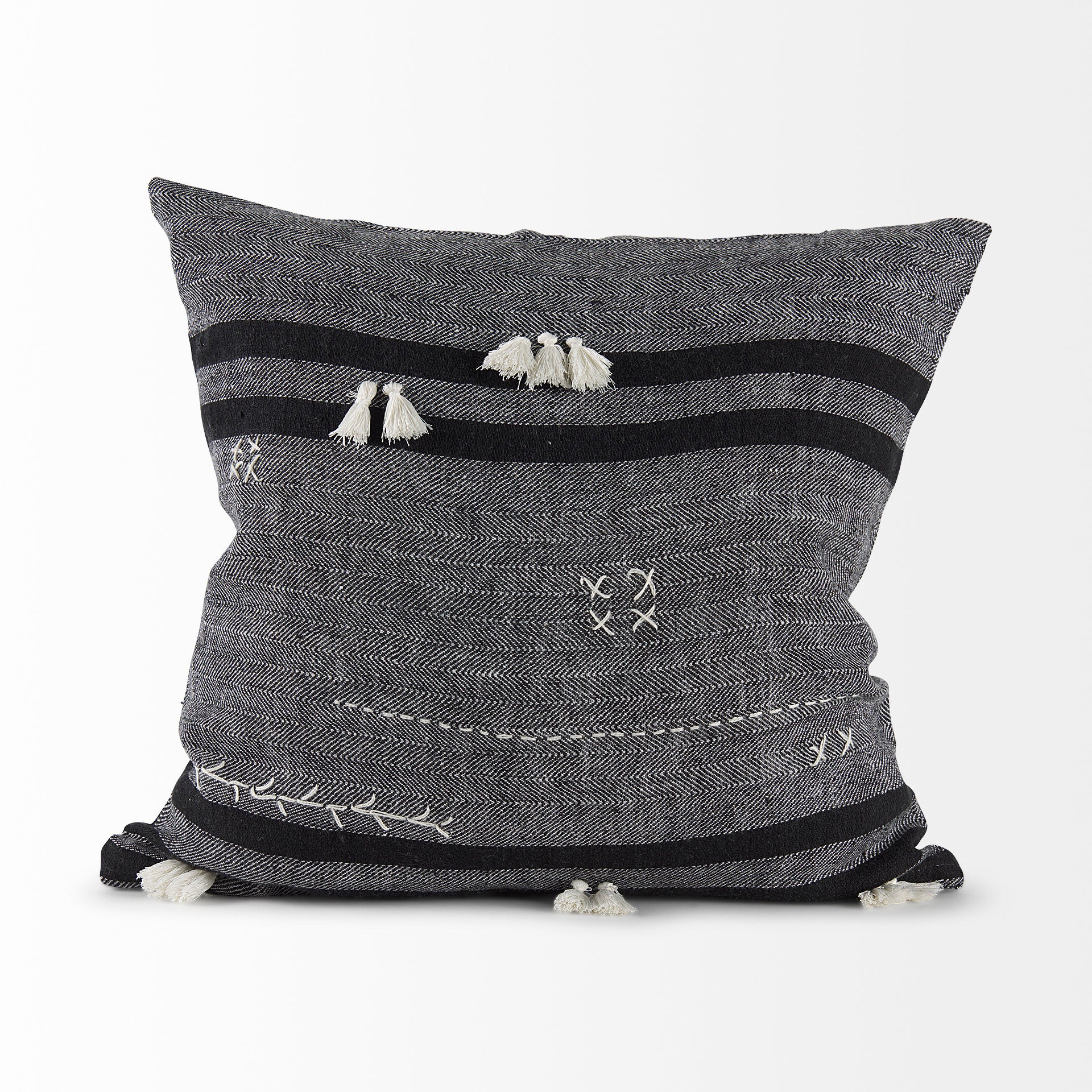Sibyl 18L x 18W Black Fabric Striped and White Fringed Decorative Pillow Cover