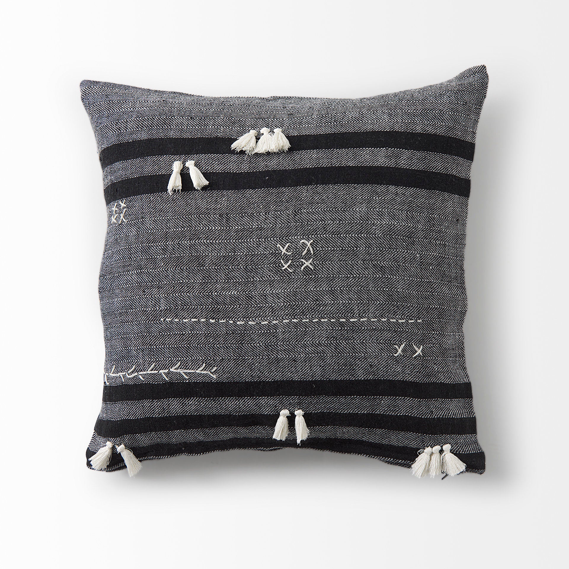Sibyl 18L x 18W Black Fabric Striped and White Fringed Decorative Pillow Cover
