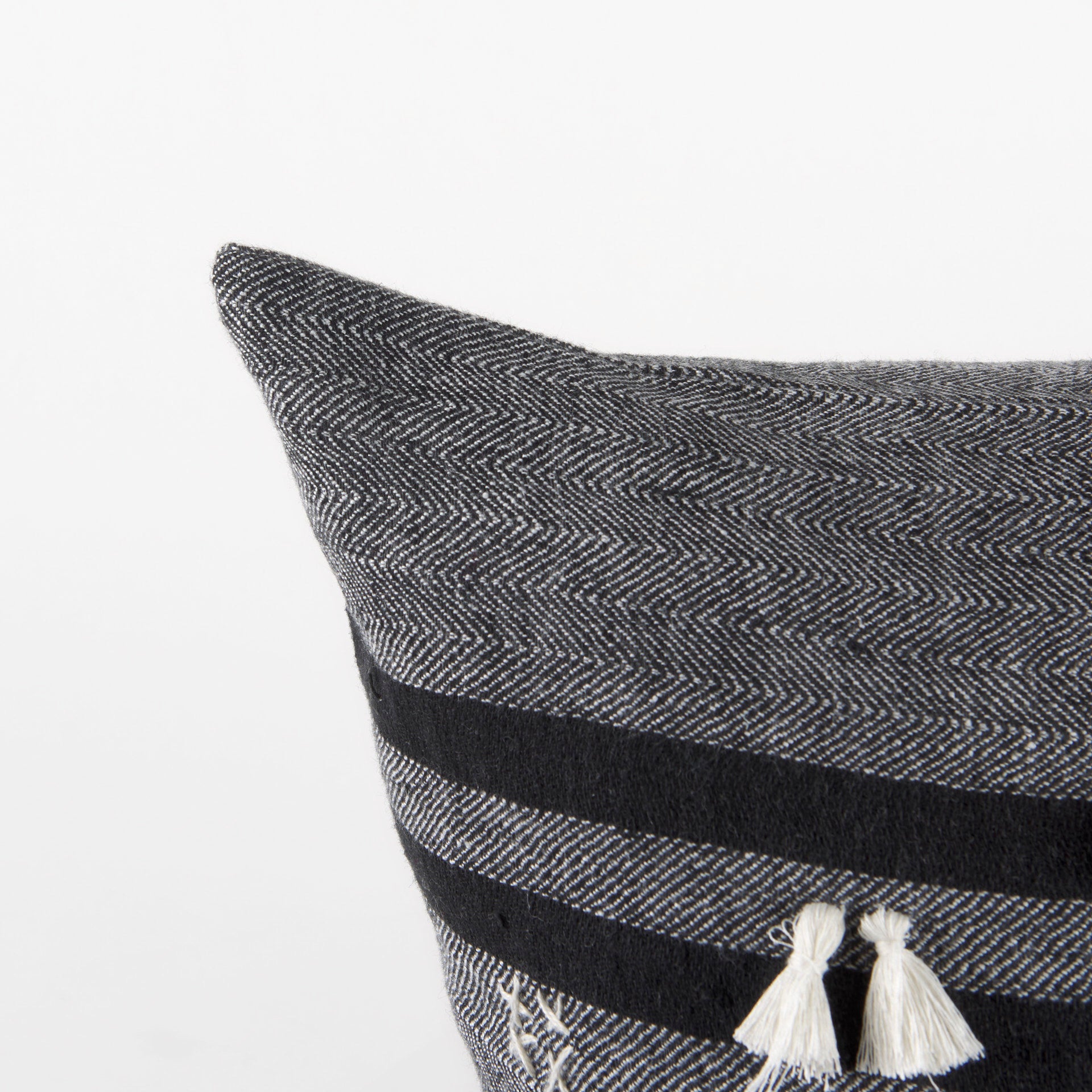 Sibyl 18L x 18W Black Fabric Striped and White Fringed Decorative Pillow Cover