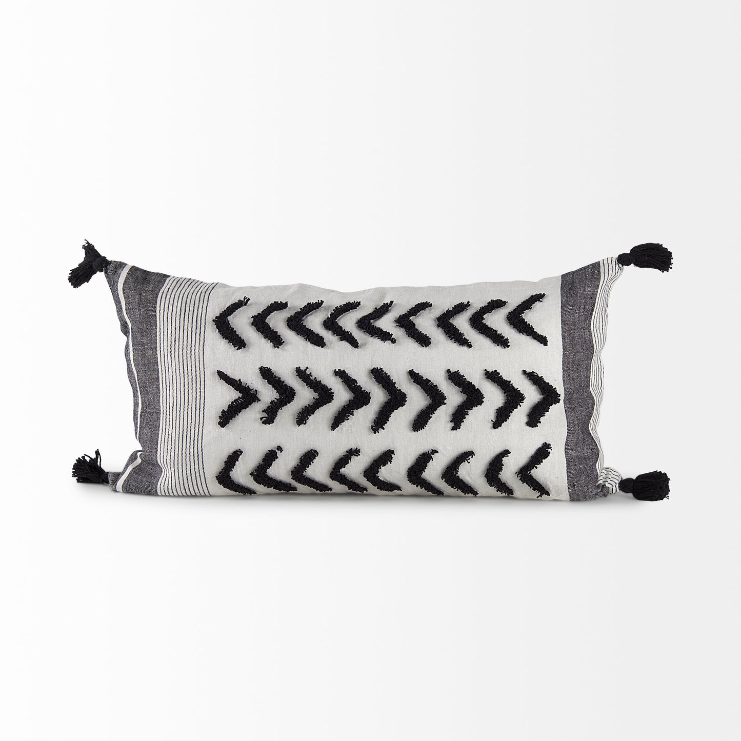 Kimia 14x26 White/Black Fabric Herringbone w/Fringed Pillow Cover