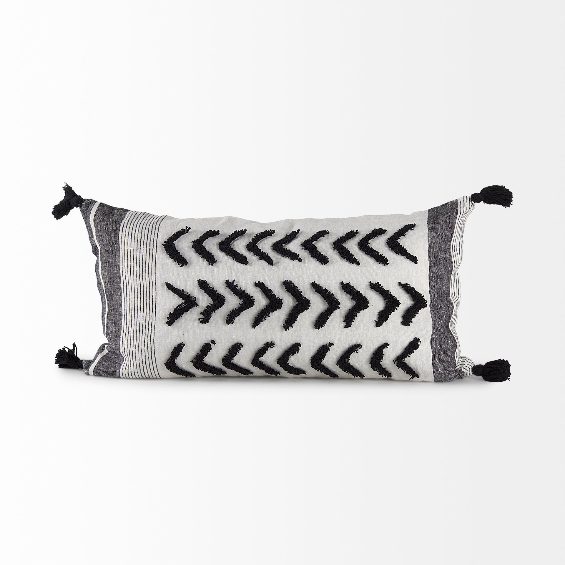 Kimia 14x26 White/Black Fabric Herringbone w/Fringed Pillow Cover