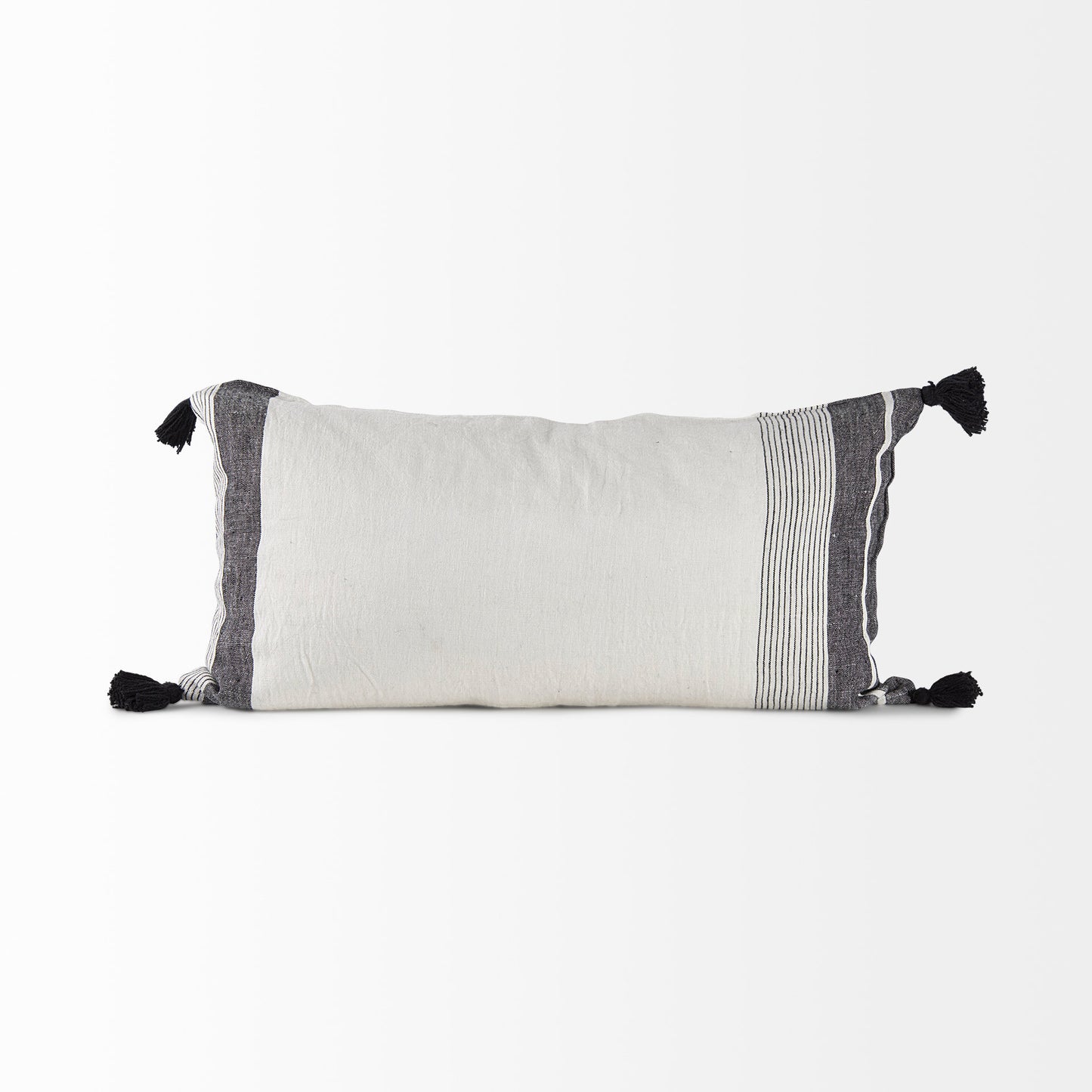 Kimia 14x26 White/Black Fabric Herringbone w/Fringed Pillow Cover