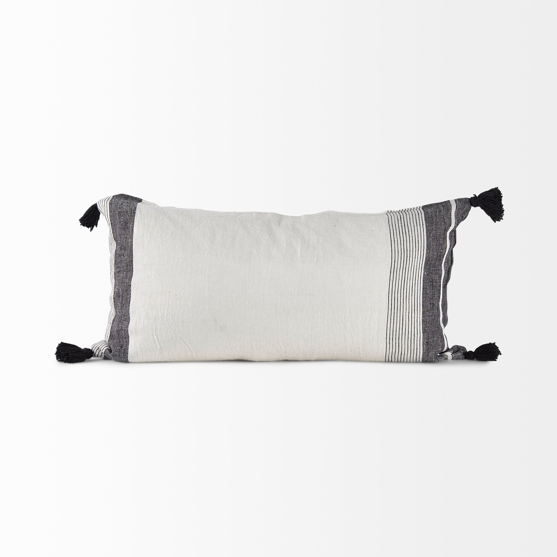 Kimia 14x26 White/Black Fabric Herringbone w/Fringed Pillow Cover