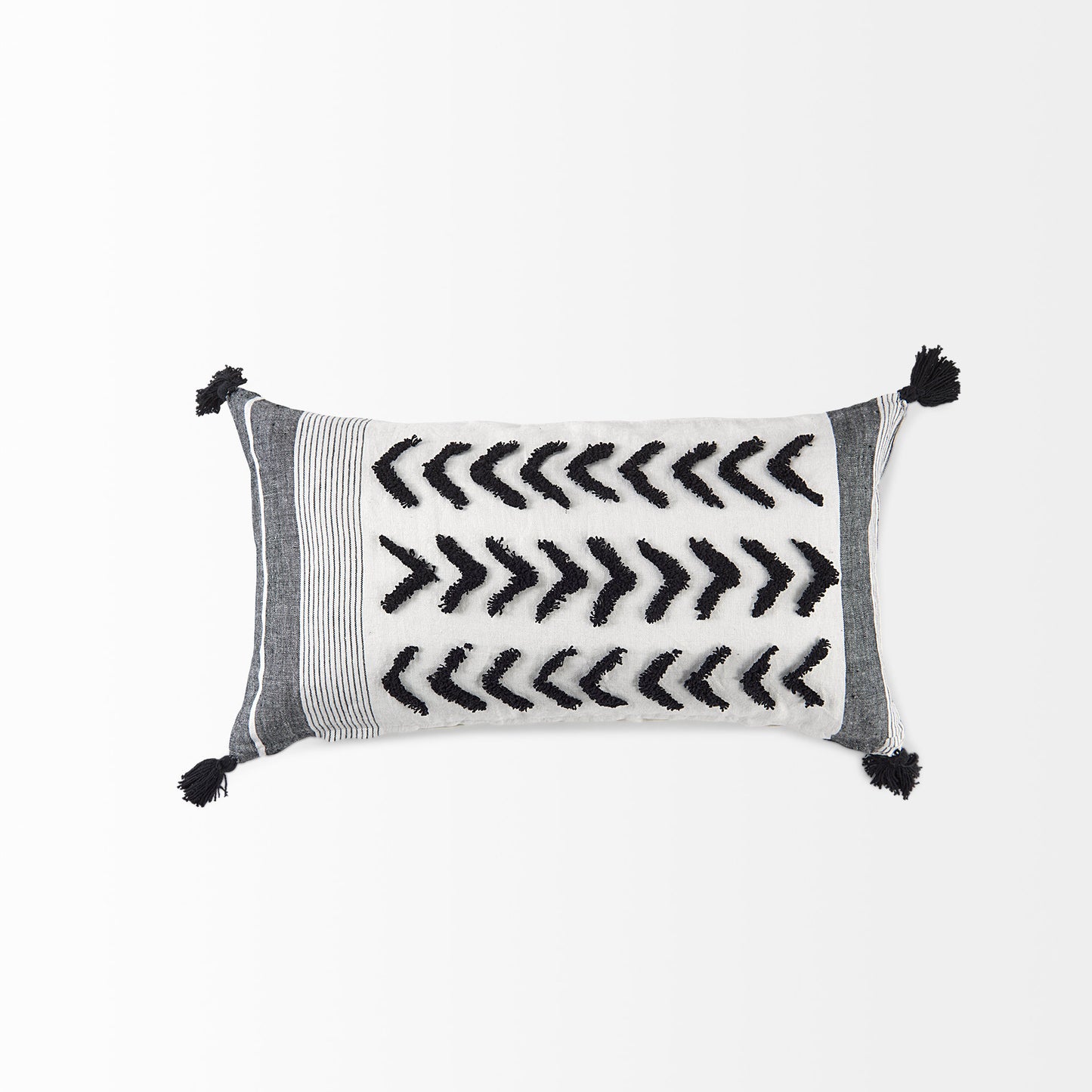 Kimia 14x26 White/Black Fabric Herringbone w/Fringed Pillow Cover