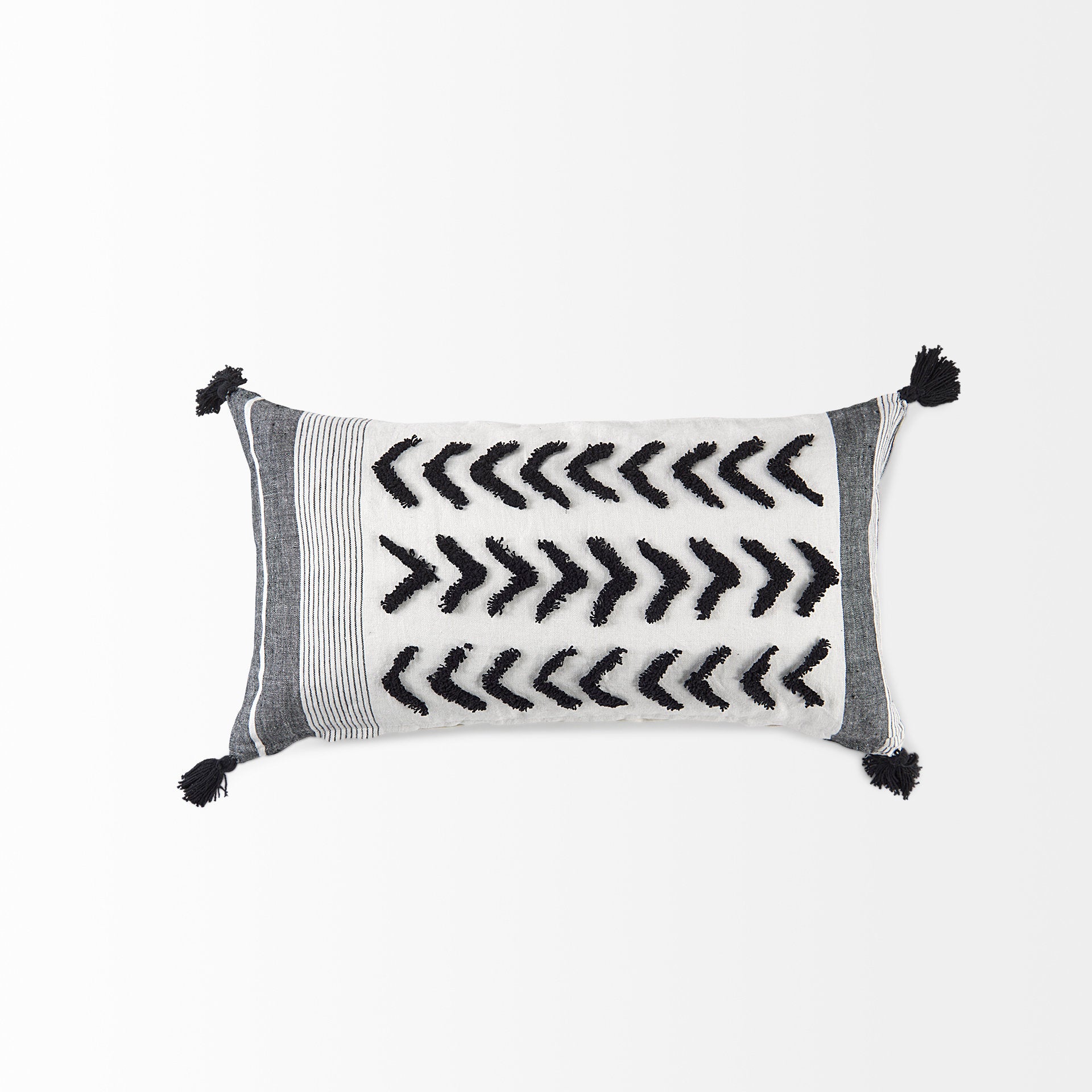 Kimia 14x26 White/Black Fabric Herringbone w/Fringed Pillow Cover
