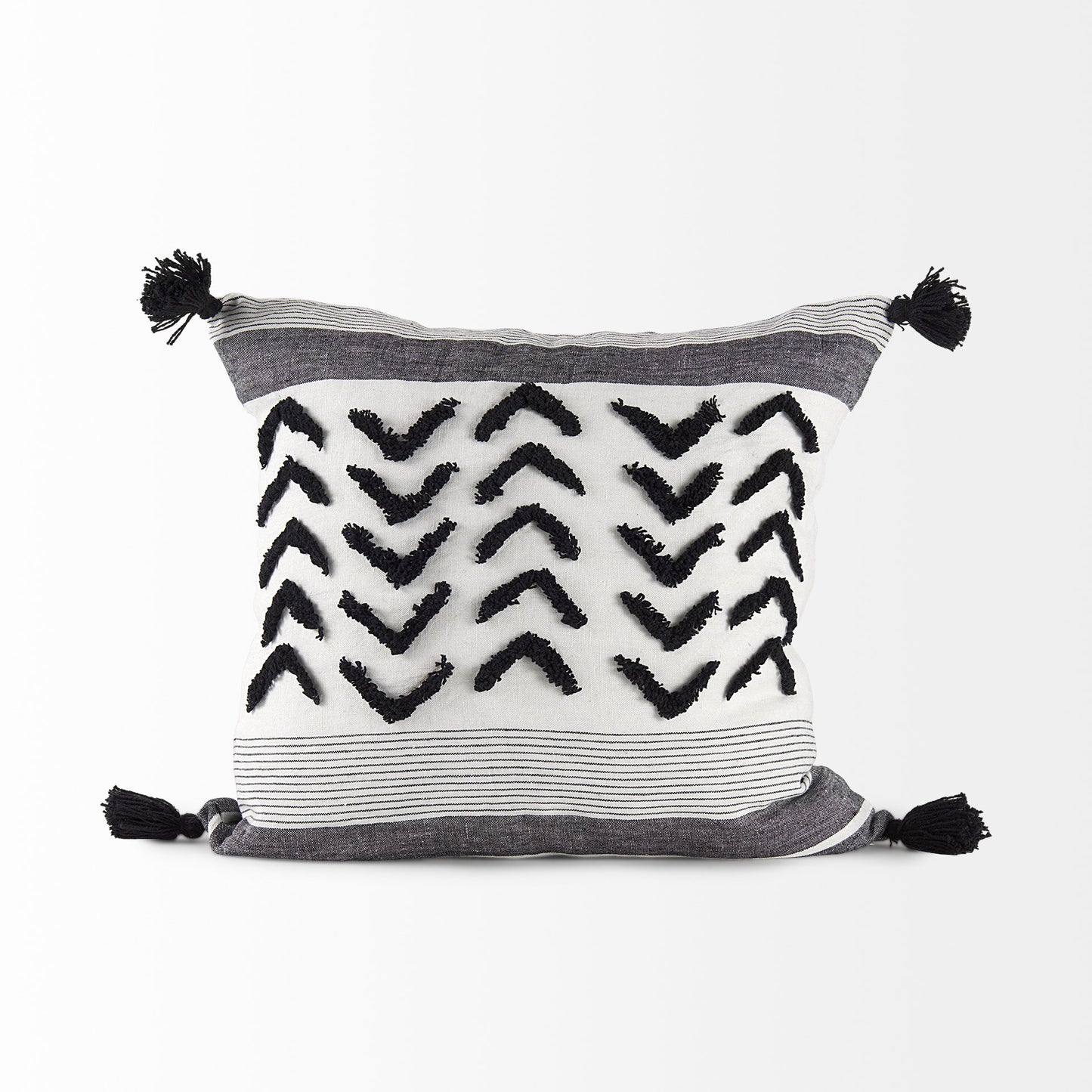 Kimia 20x20 White/Black Fabric Herringbone w/Fringed Pillow Cover
