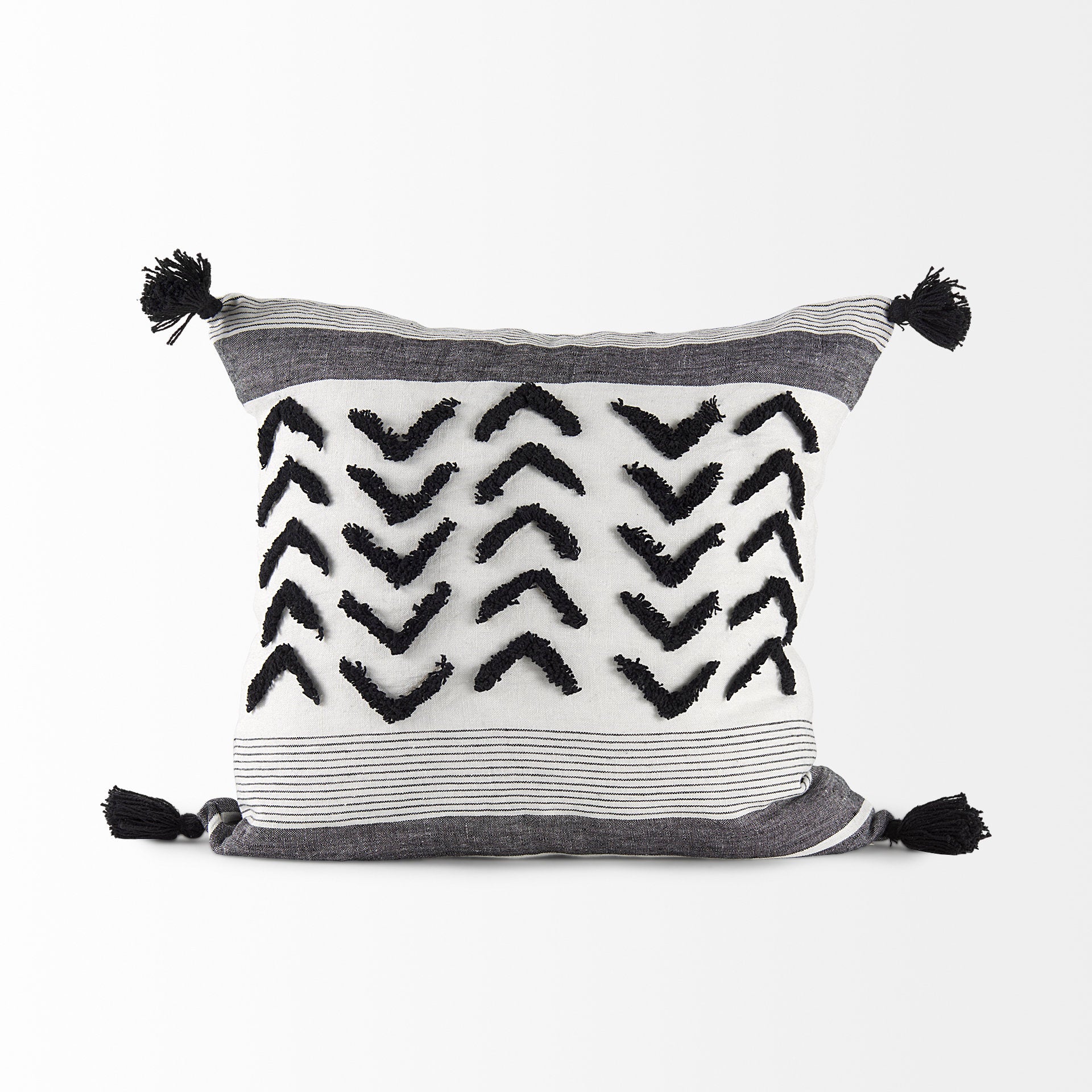 Kimia 20x20 White/Black Fabric Herringbone w/Fringed Pillow Cover
