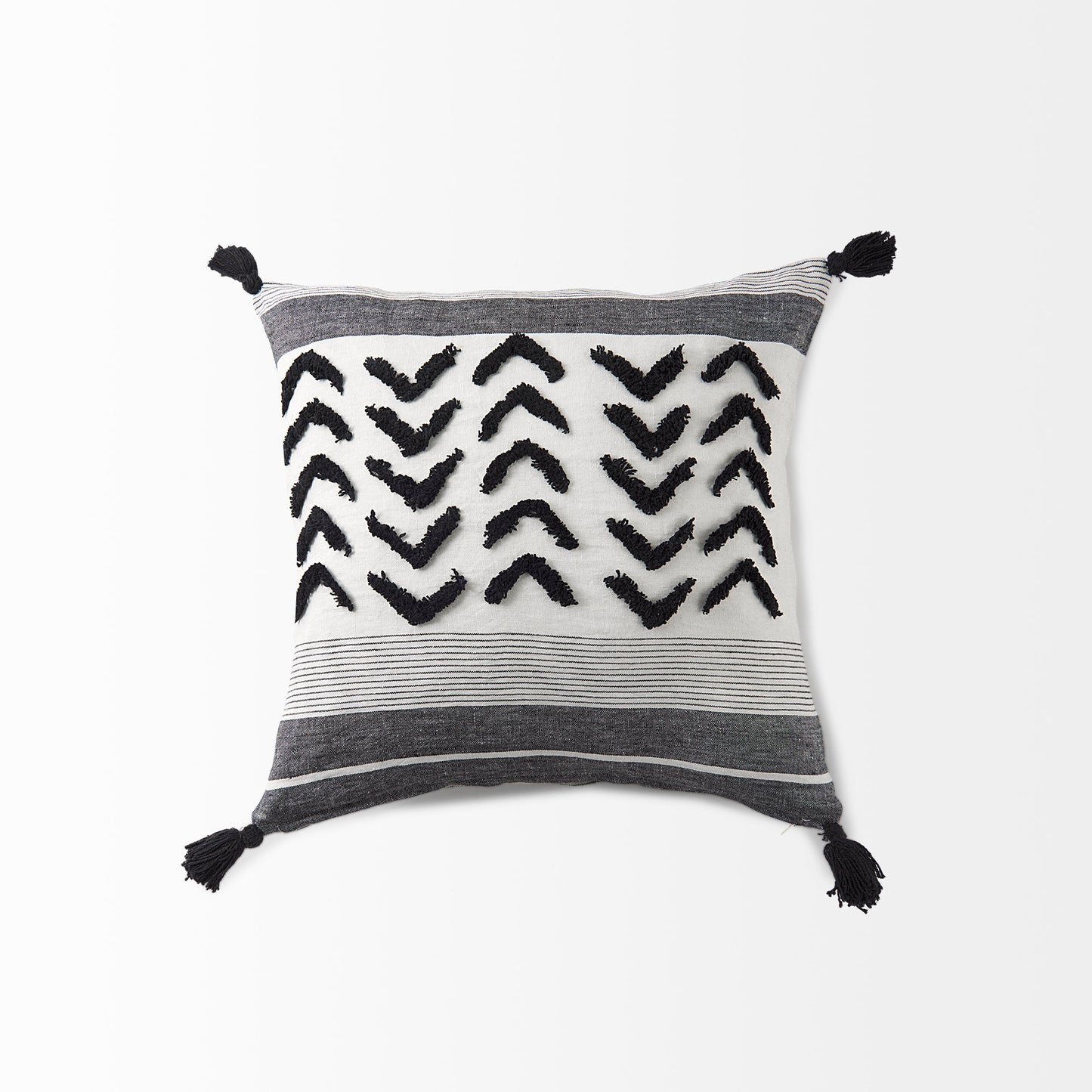 Kimia 20x20 White/Black Fabric Herringbone w/Fringed Pillow Cover