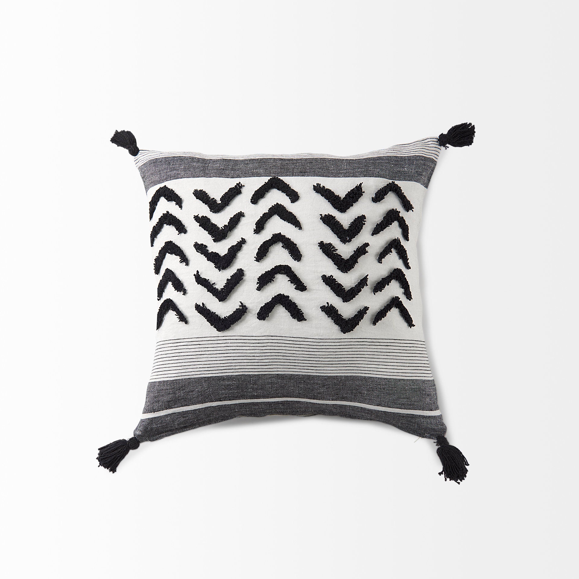 Kimia 20x20 White/Black Fabric Herringbone w/Fringed Pillow Cover