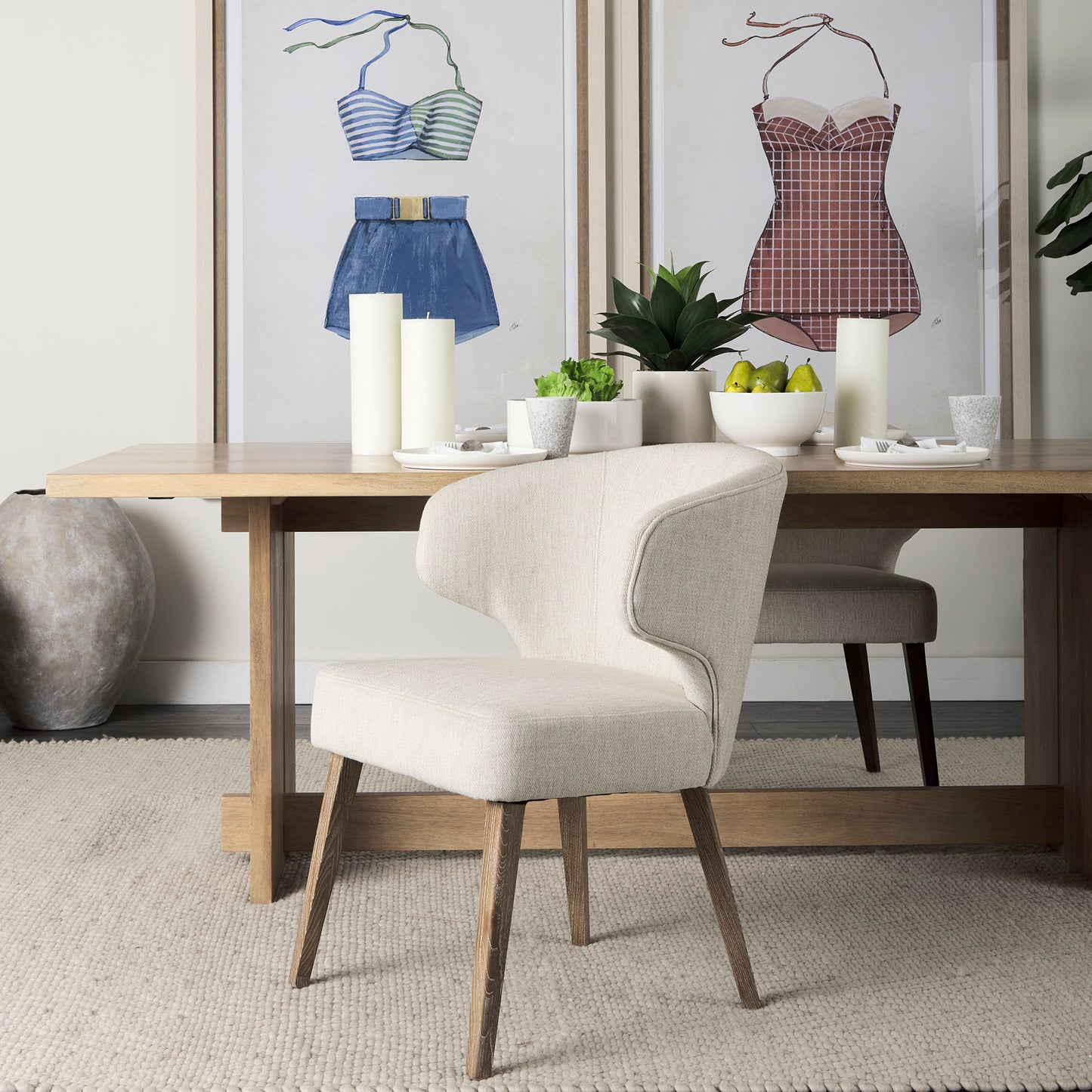 Niles 20" Seat Height Cream Fabric Seat W/ Medium Brown Wooden Legs Wingback  Dining Chair