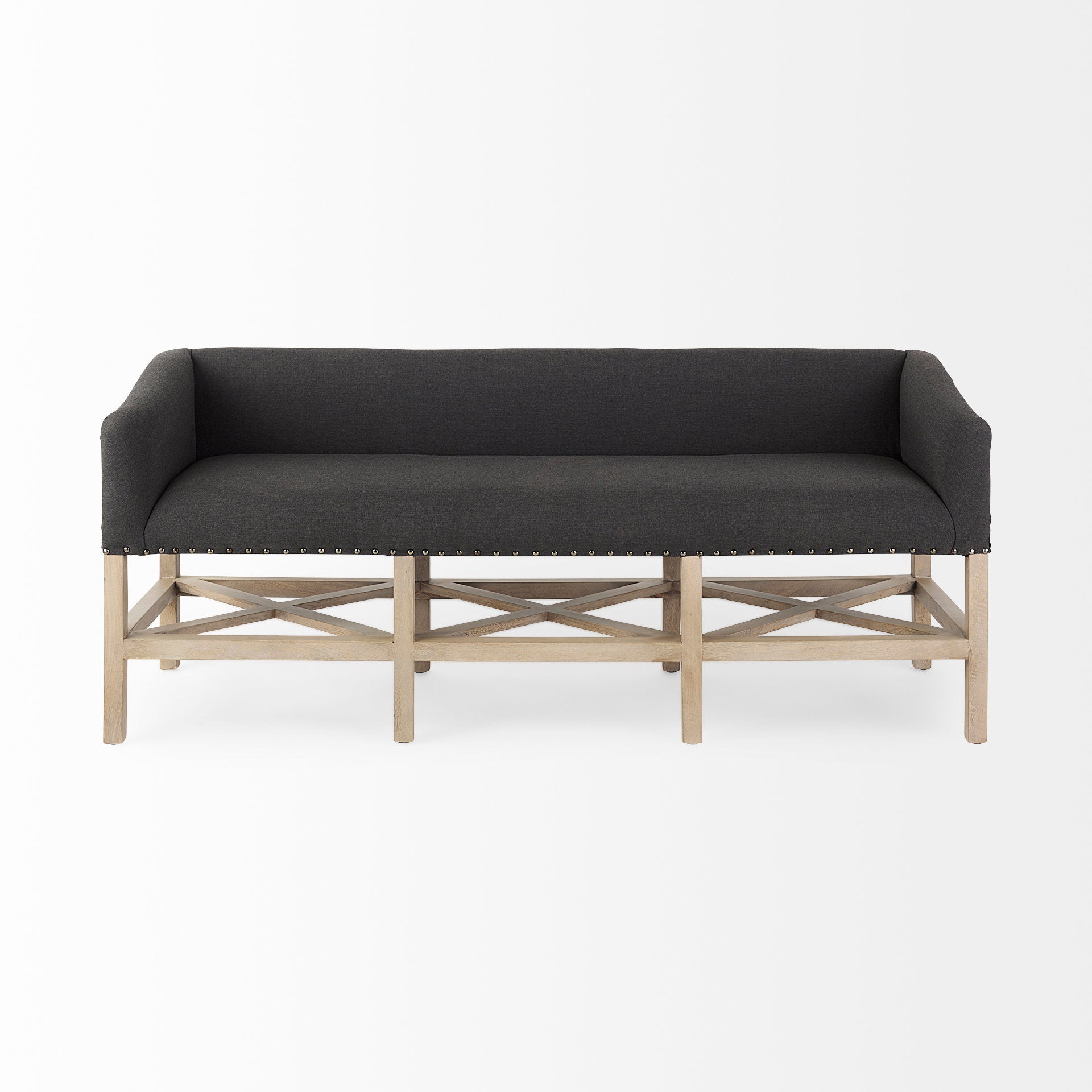 Bergen 60.0L x 19.0W x 25.5H Dark Gray Fabric W/ Light Brown Wooden Base Accent Bench